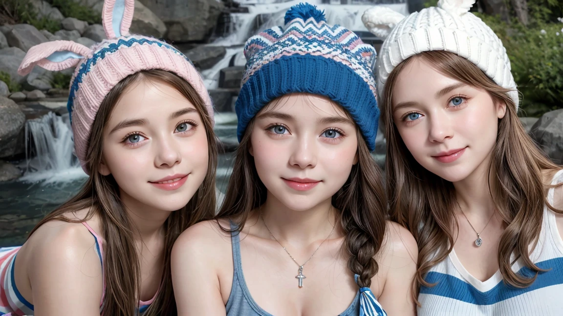 ( 3 women),smile、Look into the camera、diamond necklace、Braided hair, youthful face、Cute face, , knitted hat (Random striped colored tank top)、 Waterfall, rabbit hat, masterpiece, best quality,small waist, blue eyes,(((The chest is erect.:1.0)))(((round chest:1.0)))(((big breasts:1.0)))
