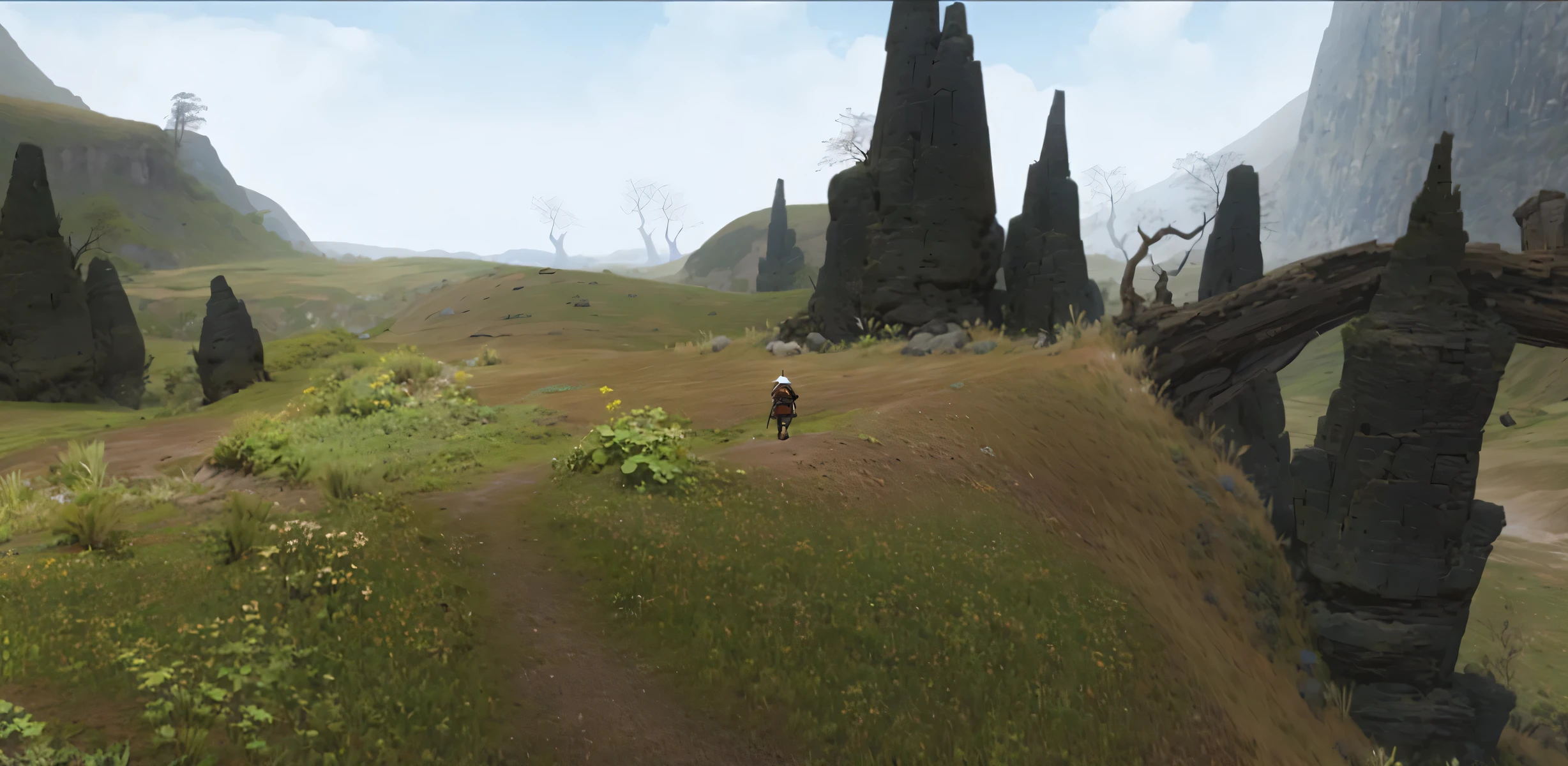 There is a picture of a game scene with mountains and people, Final Fantasy 14 style, standing in the plains of rohan, ffxi, 超宽screenshots, <Massively multiplayer online role-playing game scenario, grassland, highly detailed terrain, Final Fantasy 1 4 screenshots, screenshots, Green Cyrodiil Plains, 使用 UI 的screenshots, wide establishing shot, fantasy plains