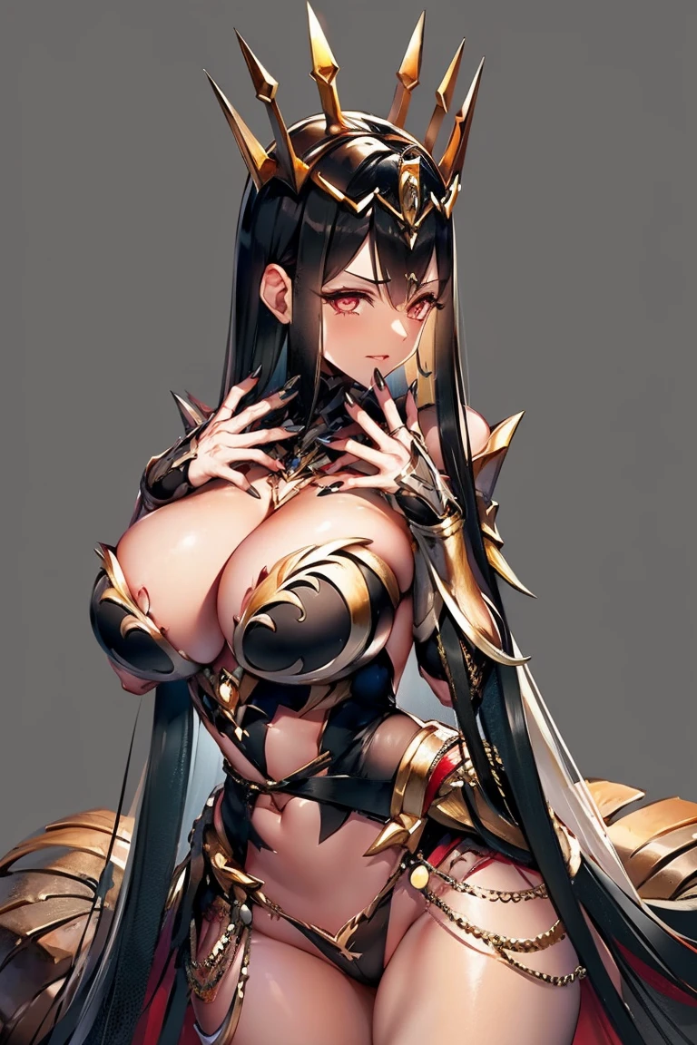 black hair, bare shoulder, red eyes, very long hair, cleavage, large breasts, dress, showgirl skirt, high-leg, cleavage cutout, tiara, bare thighs, gauntlets, bare shoulder, (((accurate thumbs, extremely detailed hands and fingers, ultra detailed hands and fingers, super detailed hands and fingers, perfect female hands and fingers, biologically accurate hands and fingers, 5 fingers accurate hands and fingers, beautiful hands and fingers, hands and fingers drawing, human hand and fingers, perfect arrangement of fingers))), adult face, fearless face, both arms, two arms, both hands, two hands, super fine illustration, masterpiece, masterwork, by famous artist, official art, ultra high res, best quality, high quality, Hand, detailed, perfect, perfection , hands, betterhand, both hands is Thumb and index finger and middle finger and ring finger and little finger, symmetrical hands, even hands, bare nails, bare fingers, panties, 