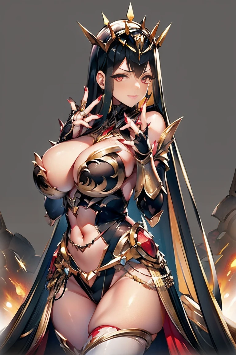 black hair, bare shoulder, red eyes, very long hair, cleavage, large breasts, dress, showgirl skirt, high-leg, cleavage cutout, tiara, bare thighs, gauntlets, bare shoulder, (((accurate thumbs, extremely detailed hands and fingers, ultra detailed hands and fingers, super detailed hands and fingers, perfect female hands and fingers, biologically accurate hands and fingers, 5 fingers accurate hands and fingers, beautiful hands and fingers, hands and fingers drawing, human hand and fingers, perfect arrangement of fingers))), adult face, fearless face, both arms, two arms, both hands, two hands, super fine illustration, masterpiece, masterwork, by famous artist, official art, ultra high res, best quality, high quality, Hand, detailed, perfect, perfection , hands, betterhand, both hands is Thumb and index finger and middle finger and ring finger and little finger, symmetrical hands, even hands, bare nails, bare fingers, panties,