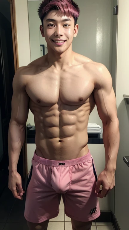 Japanese men、、Muscles and smooth skin、Undercut black and pink hair、Relaxed and friendly smile、Light yellow boxer briefs、The whole body is visible from toes to head、Posing in the bathroom、