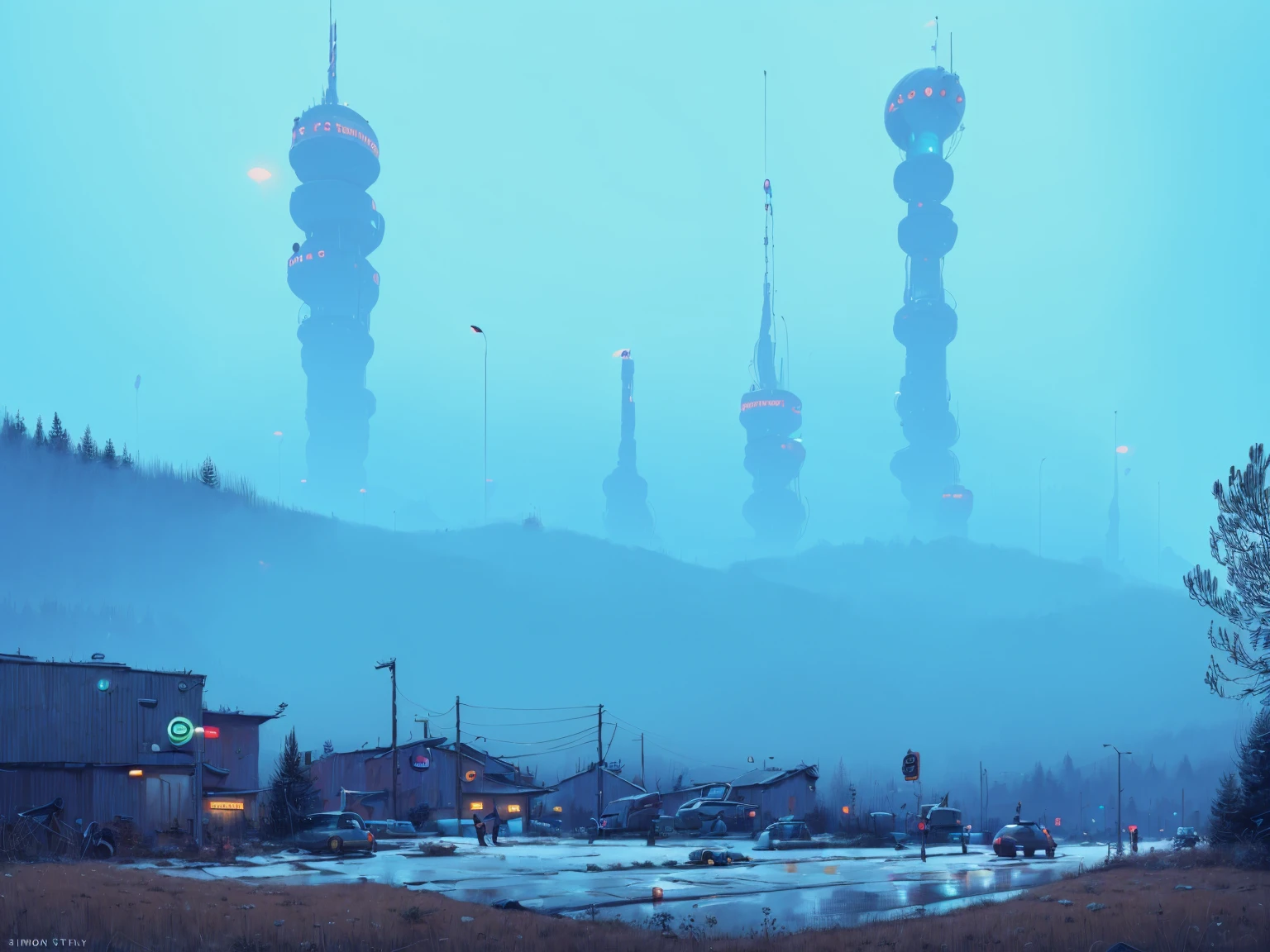 (lora:21Stalenhag:1),(masterpiece), (best quality), (ultra-detailed), (best illustration), (best shadow), (absurdres),((draw by Simon Stlenhag)), Simon Stlenhag style,SIMON STÅLENHAG,(((science fiction city))),focus on the giant tower