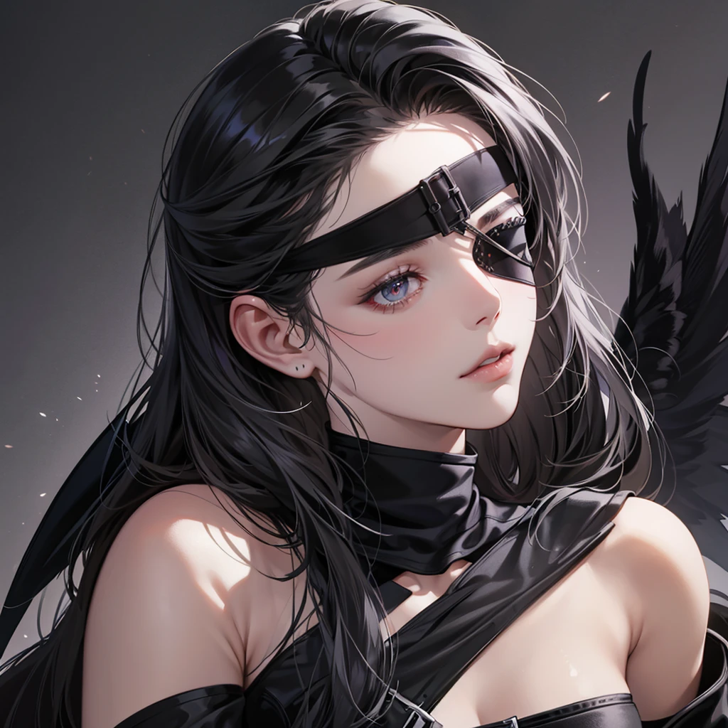 portrait of Dark angel in the dark, her wing surround her, her black wings cover  her, eye patch, dark black tone,  8k, hd, unreal engine, dreamy, romantic, fantasy, black plain background