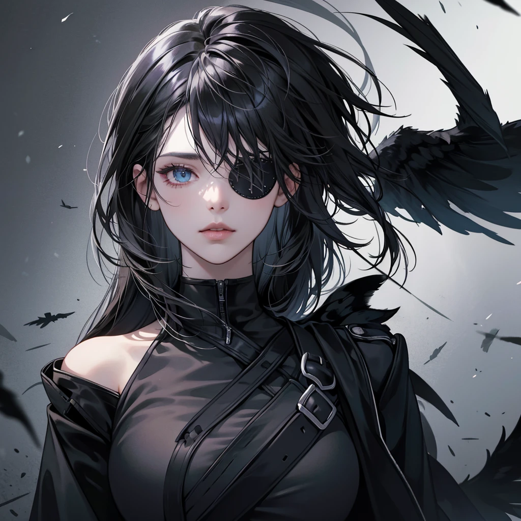 portrait of Dark angel in the dark, her wing surround her, her black wings cover her, eye patch, dark black tone, 8k, hd, unreal engine, dreamy, romantic, fantasy, black plain background