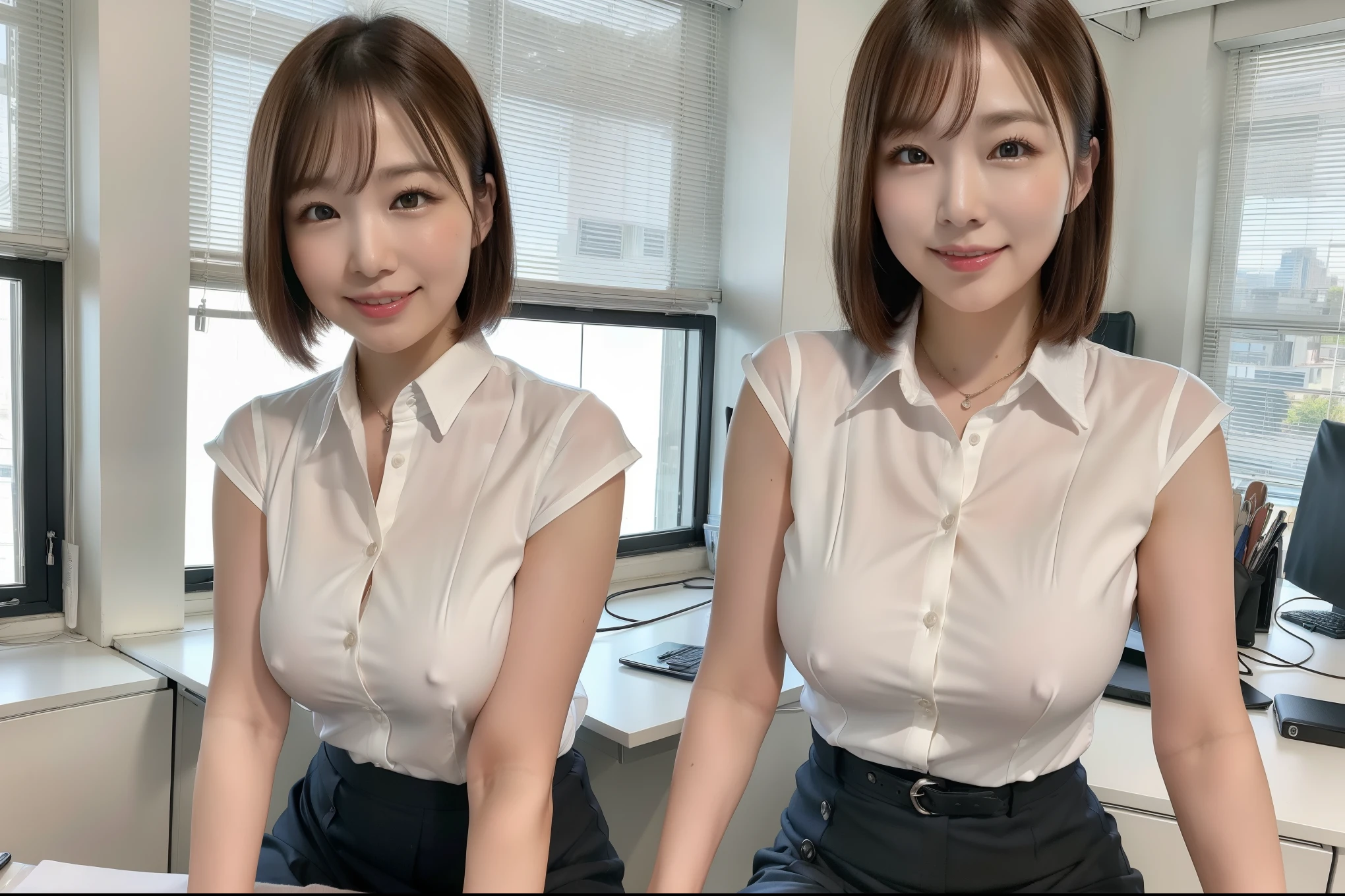((Highest quality, 8k, Masterpiece Details, Ultra-high resolution)), (Looking at the audience), (Full Shot:), 魅力的なビジネス 5-peopleの熟女, 5-people, Slender:0.25, A white, sleeveless, see-through, tight shirt with buttons on the collar and chest., Grey tight skirt, (sitting at a desk in an office), smile, CEO's Office,Big Breasts、Erect nipples