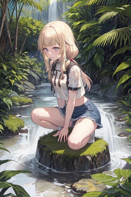 (((professional: Step by Step, taking into account even the smallest detail, God Level Final Result, full body with intricate details, only 1 girl, Image: all the intricate details, masterpiece))): "Quality 3, Wet anime, hyper details, Wet anime 17-years-old white woman with random colored hair Wet hair tied back with a red ribbon Her eyes are the same color as her wet hair, delgado, clothing white crop top and denim miniskirt, A jungle background under a constant torrential rain that soaked them, Wet Back Posture, showing her beautiful body 92 59 90, flirty face, pedestal invisible,, film grain, fuji colors, contrast of lights and shadows, textured skin, dynamic pose, realism, sunlight, high contrast, very sexy pose"