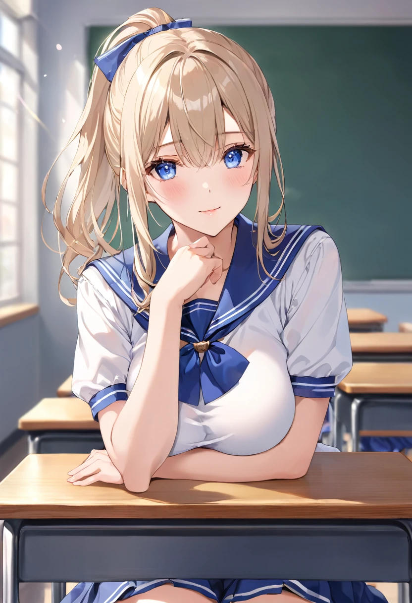 masterpiece, best quality, ultra detailed, detailed eyes, sparkling eyes, ((nsfw)), (huge breasts), cleavage, The character is a young female with fair skin and medium-length, ash-blonde hair tied back in a ponytail. Her bright blue eyes are striking, and she is looking directly at the viewer with a soft, gentle expression. She is sitting in her classroom seat, her large breasts resting on the desk. The character has a light blush on her cheeks, adding to the overall cute and inviting demeanor. She is wearing a typical Japanese, consisting of a white blouse with blue sailor-style accents and a large blue bow at the front. The uniform also includes a matching blue pleated skirt. Her elbows rest on the desk in front of her, and her hands are clasped under her chin, suggesting a relaxed and attentive posture. The setting is a classroom.