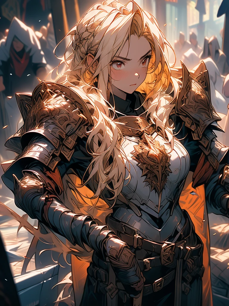 (a ager male knight in cracked Gold armor), handsome, (( a Greatsword stained with dark gold element)), a giant gate of castle behind him, light from the sky, lots of swords point at the knight, red eyes, white hair, rose gold hair, gradient hair, chiaroscuro, cinematic lighting, god rays, ray tracing, reflection light, ((full-body)), masterpiece, best quality, high quality, high details, highest, accurate, anatomically correct, textured skin, UHD, 1080P, ((anime))