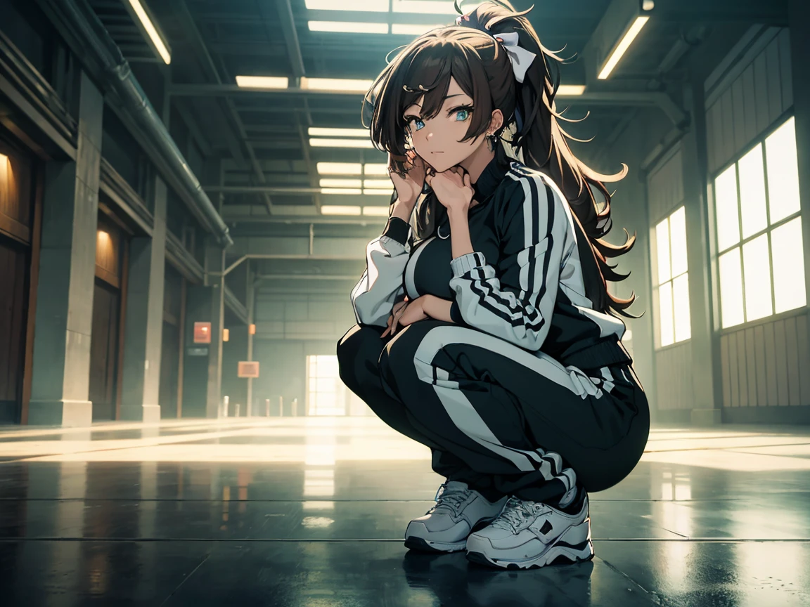 Building lobby,Ultimate luxury,detailed detail,one-girl,track suit,(Squat on the floor),Squat on the floor,Brown hair, Hair Bow, aqua eyes, Earrings, anime big breast, Cinematic lighting, 8k, Best quality, A high resolution,full bodyesbian,with bottle of alcahol