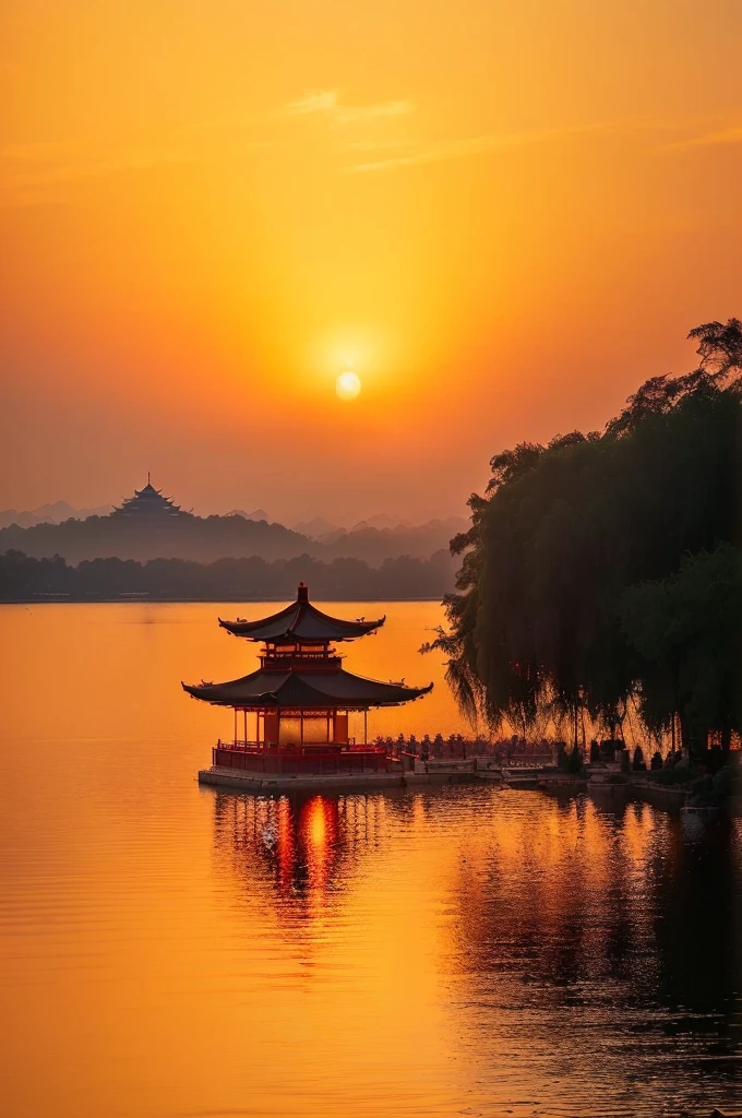 Alafid Pagoda sits on the lake,Sunset in the background, Hangzhou, golden hour in Beijing, Guangjian, Dreamy China, Warm and beautiful scene, Chinese scenery, Prime Time, Beijing, Beautiful images, Chinese, nice environment, Sunset Warm Spring, Golden Morning Light, New China, Sunset, sunrise light, Sunset, Sunset view
