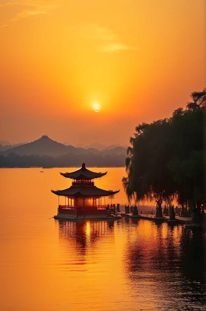 Alafid Pagoda sits on the lake,Sunset in the background, Hangzhou, golden hour in Beijing, Guangjian, Dreamy China, Warm and beautiful scene, Chinese scenery, Prime Time, Beijing, Beautiful images, Chinese, nice environment, Sunset Warm Spring, Golden Morning Light, New China, Sunset, sunrise light, Sunset, Sunset view