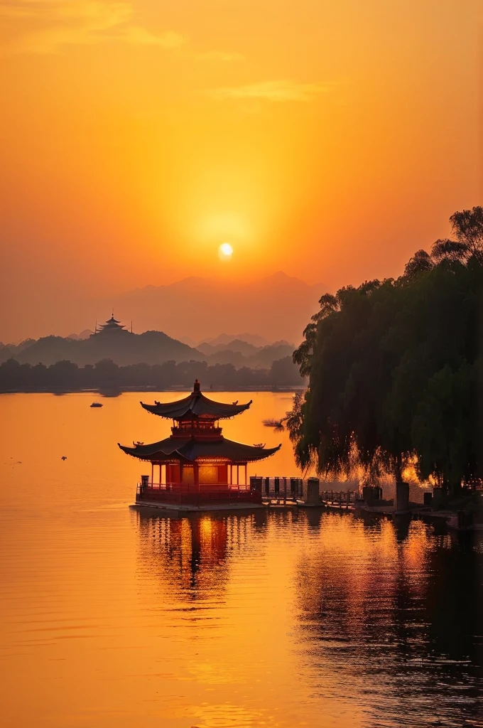 Alafid Pagoda sits on the lake,Sunset in the background, Hangzhou, golden hour in Beijing, Guangjian, Dreamy China, Warm and beautiful scene, Chinese scenery, Prime Time, Beijing, Beautiful images, Chinese, nice environment, Sunset Warm Spring, Golden Morning Light, New China, Sunset, sunrise light, Sunset, Sunset view