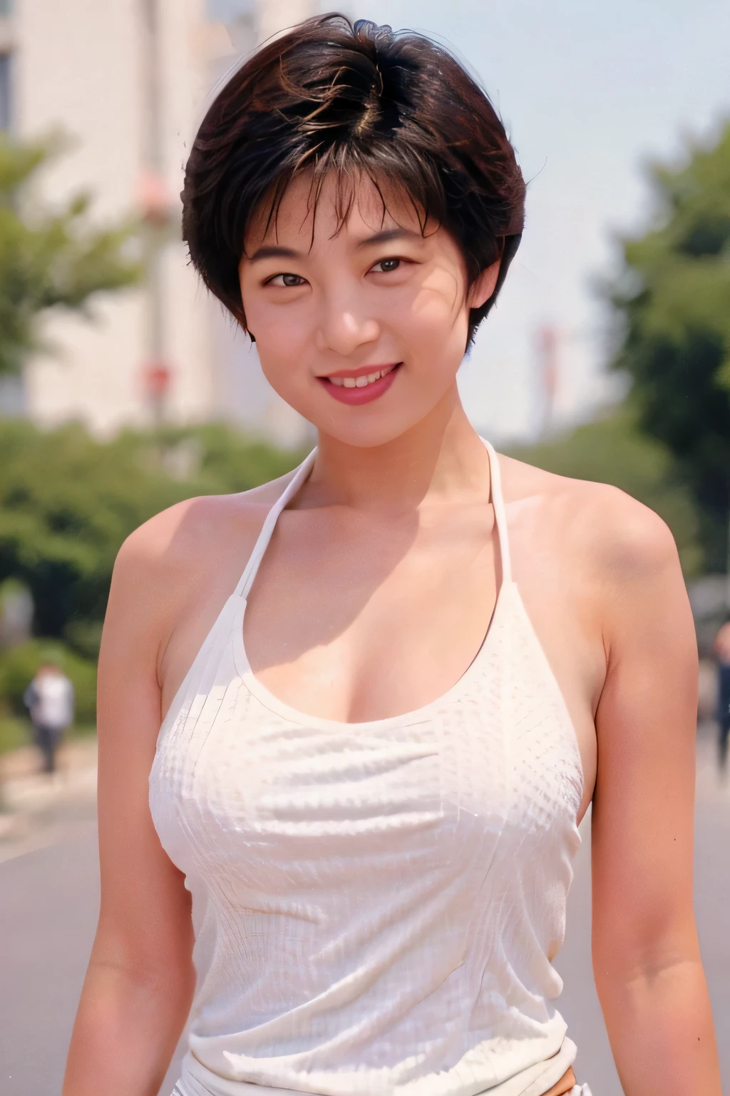 NSFW:1.5,((highest quality、8K resolution、master masterpiece、portrait:1.3)), Photoreal, 35mm film, 1 Japanese female, Upper body、on the street during the day, wrinkles around the eyes、plump body、cleavage、boyish_pixie cut、smile,((clothes lift_ tanktop :1.3)) , (outdoor:city street 1.3), jumbled background,look at the audience,Tokyo cityscape:1.3