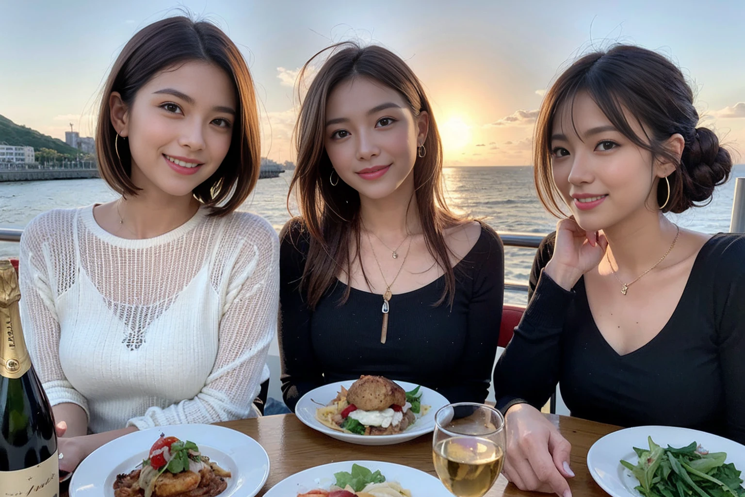 (Realistic:1.1),(masterpiece,Highest quality),8k,(56 years old), 53 years old, ベリーslimボディ、slimカップル、Tight waist,Upper Body,full-course dinner、wine 、Amazing view of the sunset sky and clouds、Perfect Anatomy, Brown Hair, short hair,Random Hairstyles,((Highly detailed face and eyes:1.2)),Perfect golden ratio face,Long sleeve shirt、dress,(smile:1.2)、Shortcuts、cute、(Realistic, Intricate details:1.2), A bright smile、short hair,Bright Face、赤wine 、Appetizers、Italian food、wine bottle、Champagne、スパークリングwine、(slimな顔), (The body is slim), (Brown Hair), (Shortcuts), Upper Body, 白wine, slim, wineグラス,