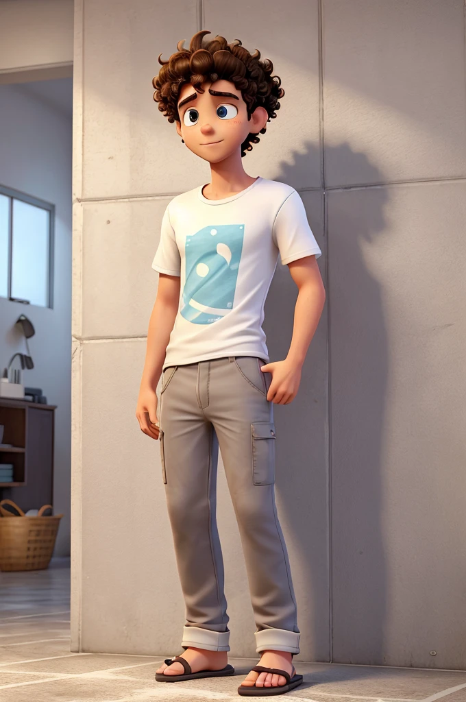 full body image, young man, 25 years old, messy curly hair, disheveled, wears a white t-shirt, baggy pants, white flip-flops, is holding his cell phone in his right hand