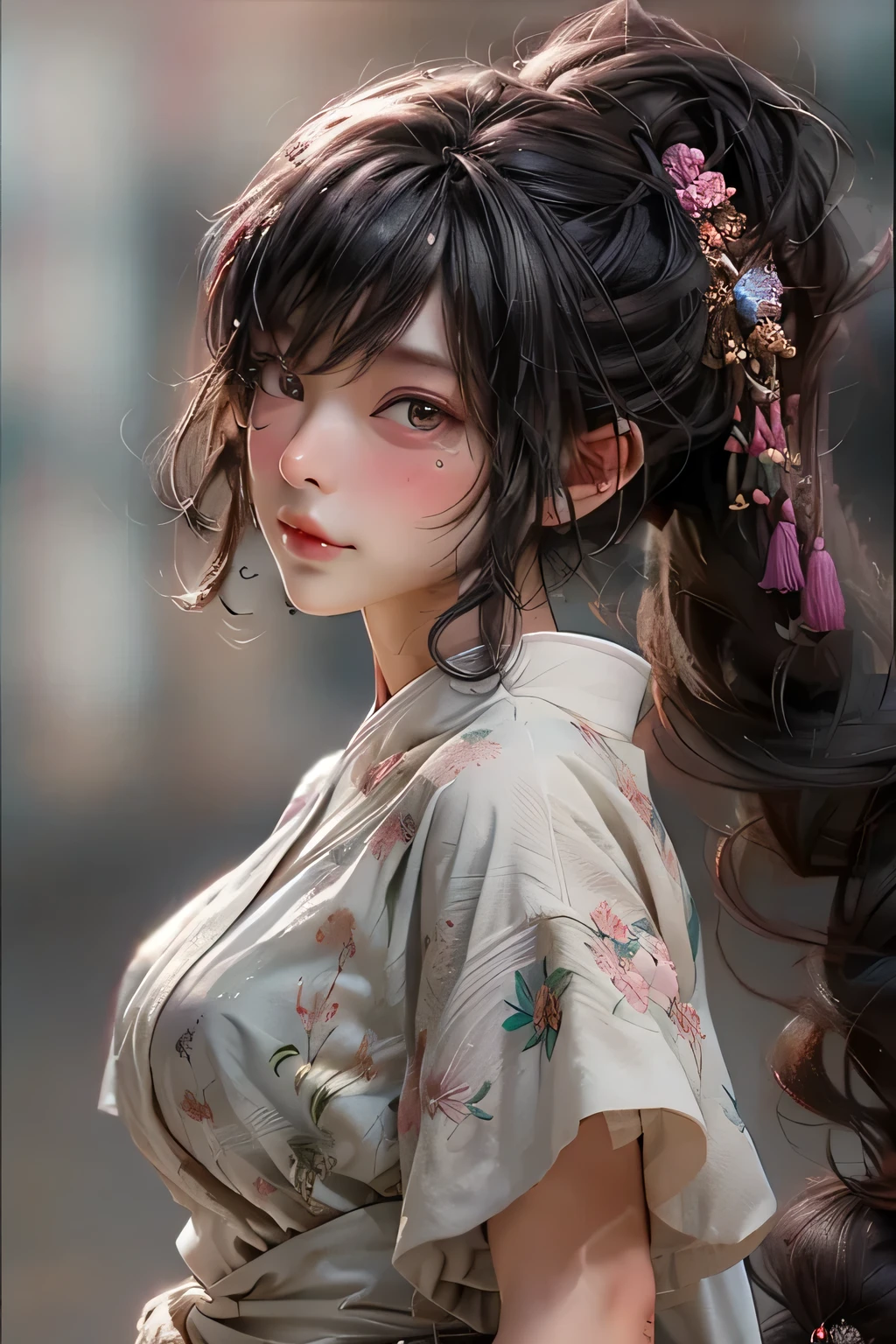 8k, RAW photo, Fujifilm, style photo of a perfect beautiful young kunoichi woman as avril in an natural empty savana, foggy air (highly detailed skin: 1.2) (detailed face: 1.2) detailed eyes, double eyeled, Style-Petal BREAK short hair, black layered hair with colored locks, wearing a simple white dress dress, film granulation, 35mm, cute style, act like picking flower, epic nature background, ( highly detailed full body potrait)