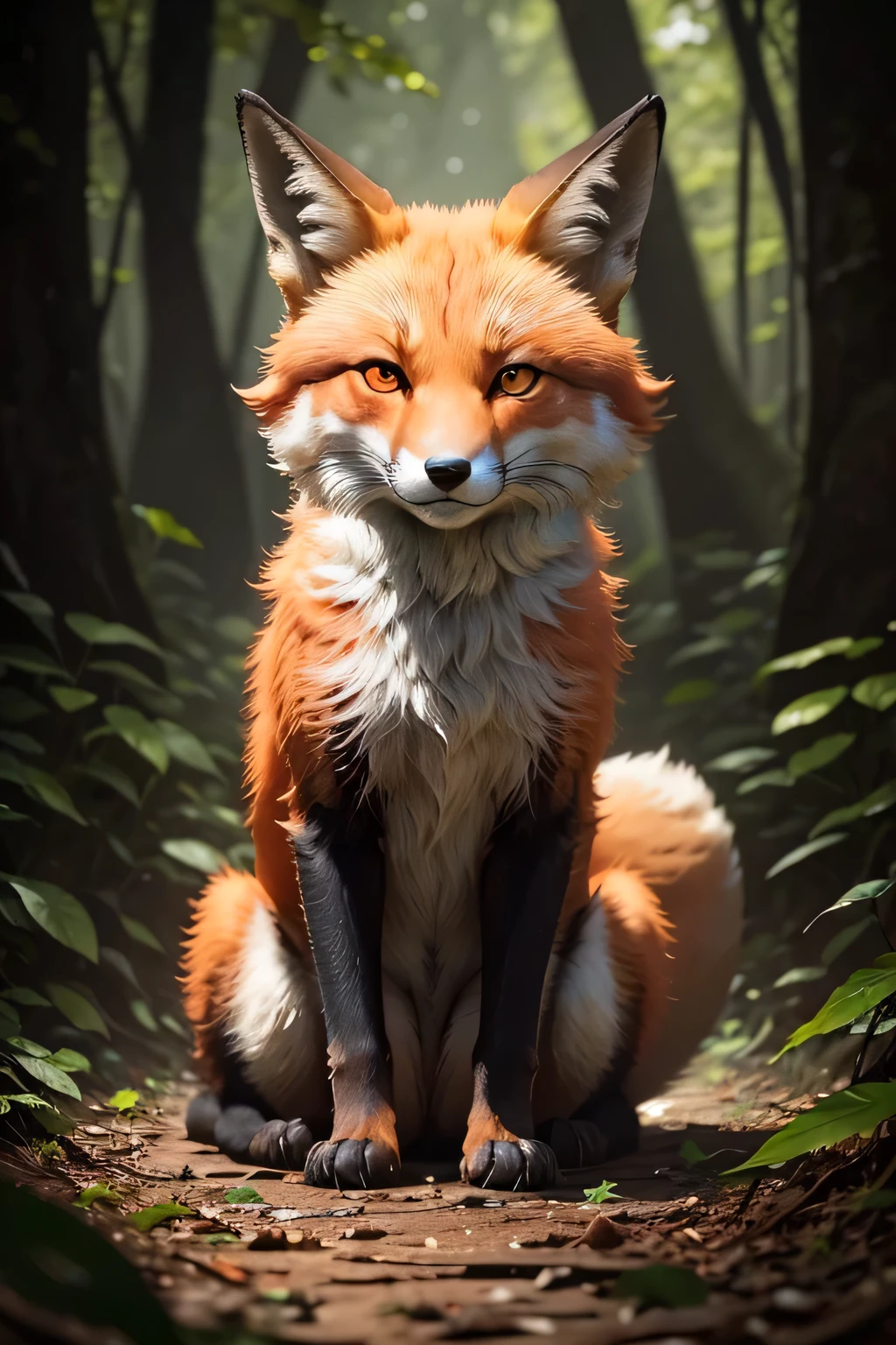 Red Fox, with a striking black tail and captivating big eyes, sits attentively on the forest floor. Its right paw is gently lifted up, as if it's considering something or perhaps preparing for a delicate action. The soft glow of sunlight filtering through the canopy casts a warm hue upon its graceful frame, accentuating its natural beauty and regal demeanor.