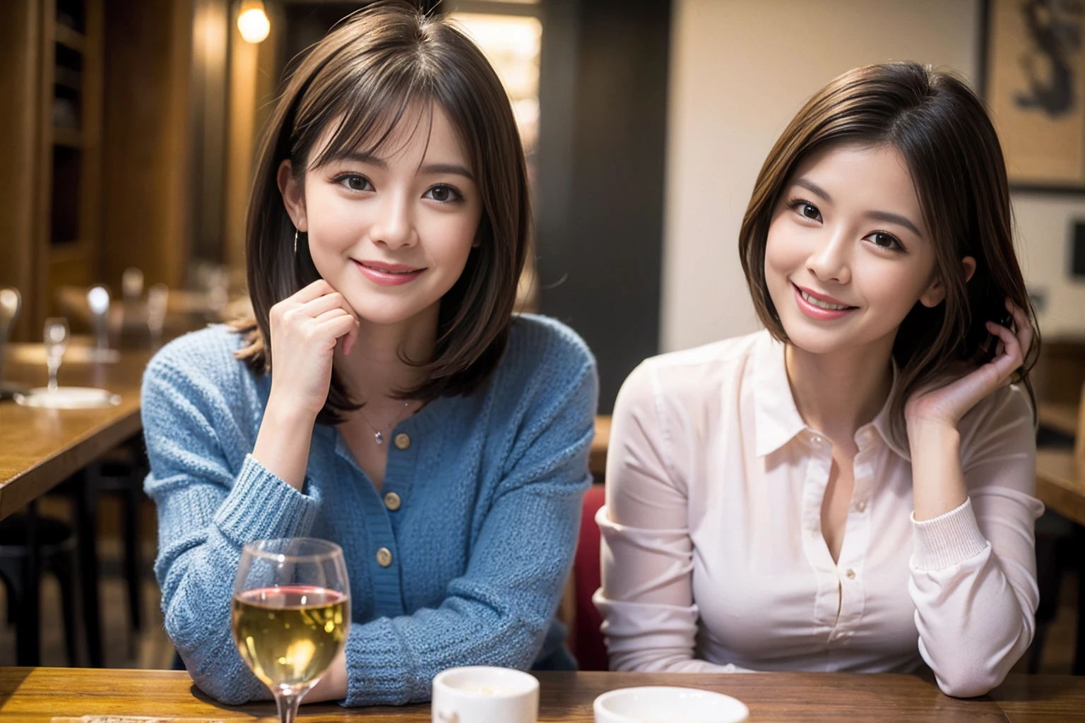 ((Highest quality、8k、masterpiece:1.3))、slimカップル、modelカップル、(Realistic, Intricate details:1.2), full-course dinner、wine 、Amazing view of the sunset sky and clouds、A bright smile、The wonderfulness of smile、Bright image、wineの美しさ, Beautiful Face, blue eyes, The light shines on your face, blush, short hair,Bright Face、 (Age 45), 48 years old, 赤wine 、Appetizers、Italian food、wine bottle、Champagne、スパークリングwine、Two beauties、Brown Hair、Shortcuts、Long sleeve shirt、dress、Beautiful woman 1, (slimな顔), (The body is slim), (Brown Hair), (Shortcuts), cheeks turn a little red,Attractive beauty、restaurant, In a prominent place (From the waist up) Nova Frog Style, actress, model, Upper Body, 白wine, slim, wineグラス, 中央に置かれたwineグラス, smile, (smile: 1.15), Beautiful fine grain, Depth f/2,saturation, High Contrast, Strong light and shadow,Moist Body:1.5、3D texture、Delicate eyes、Brown Hair、The hair is very shiny、