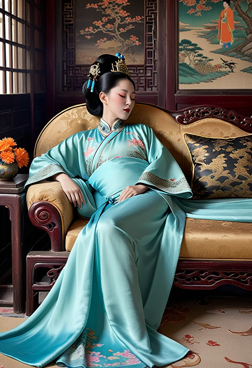 A naked Qing dynasty empress is sleeping in the luxurious empress's bedroom in the Chinese palace. A top view of the Qing dynasty empress, wearing a crown and with her hair tied up.
