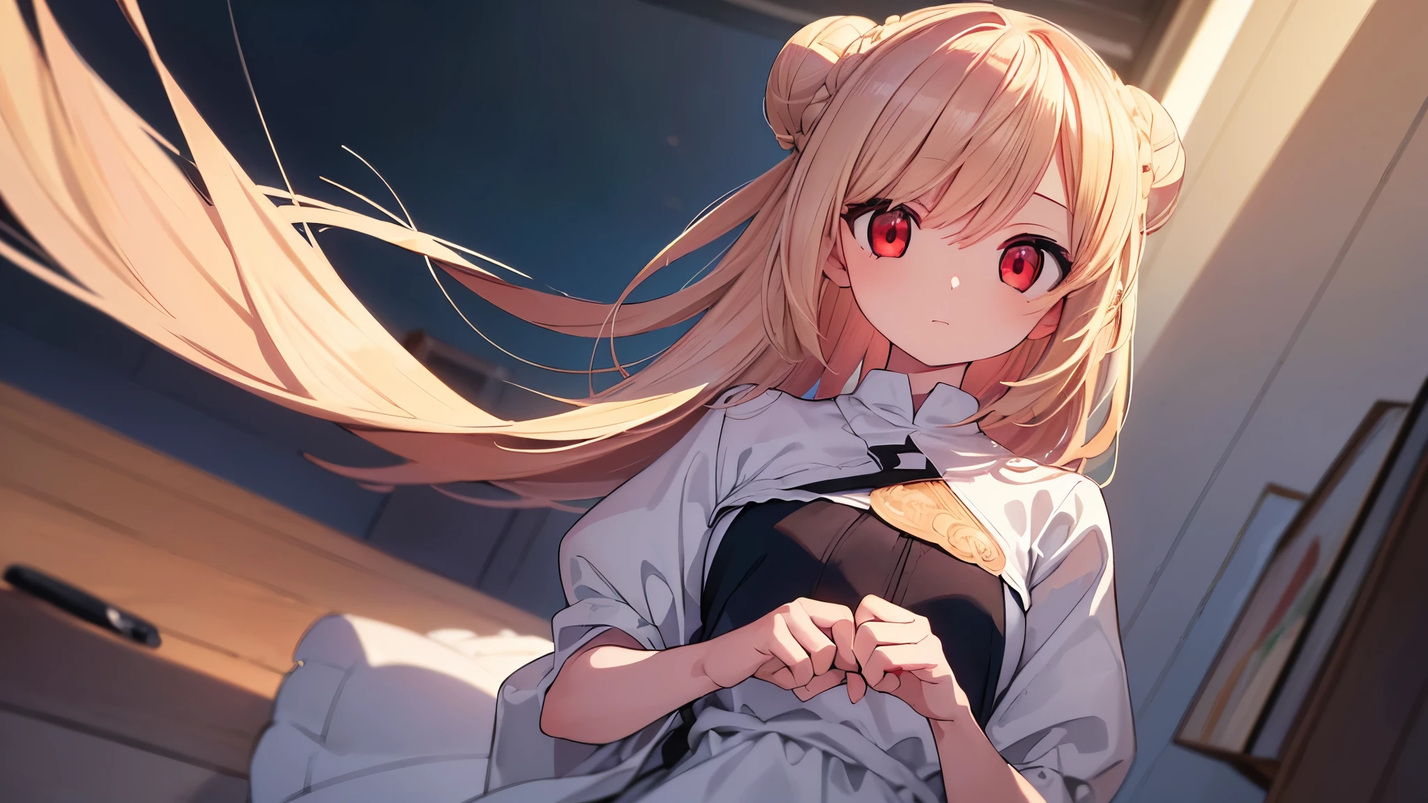 super fine illustration, ((master piece, top-quality, ultra-definition, high resolution)), (beautiful and delicate eyes), masterpiece, 8Khighres, smugness, single hair bun, red eyes, high angle