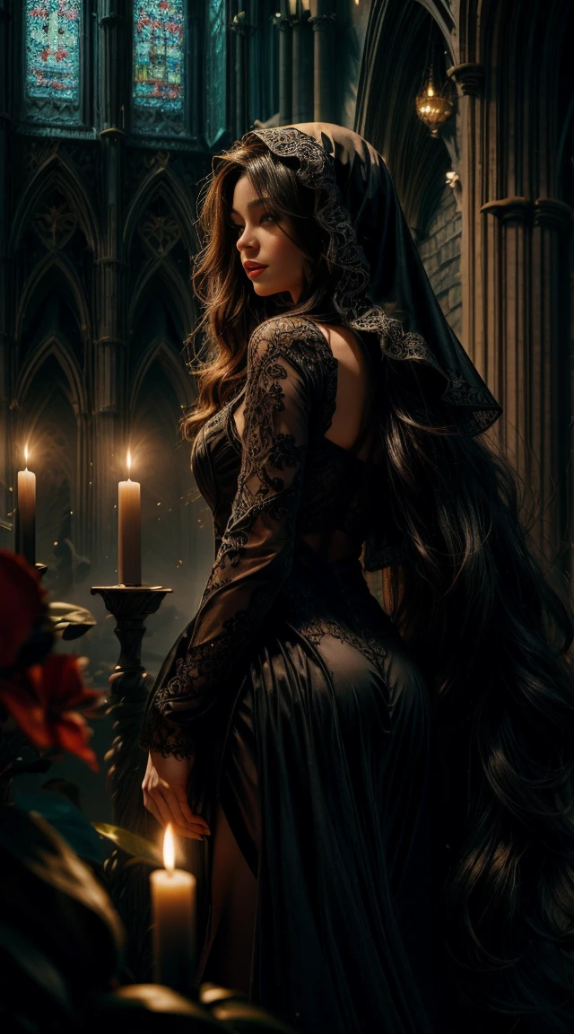 A sexy nun with seductive eyes and pouty lips, wearing a revealing black lace gown and high heels, gracefully poses in a dimly lit cathedral. Her long, wavy hair cascades down her back, framing her alluring face. The detailed folds of her gown create a sense of mystery and intrigue, while the soft candlelight casts a warm glow on her flawless skin. The artwork is a masterpiece of photorealistic beauty, captured with high-resolution precision and ultra-detailed rendering. The vibrant colors add depth and richness to the scene, with a touch of bokeh in the background, creating an ethereal atmosphere. The overall composition exudes sensuality and sophistication, making it a captivating portrait in the genre of erotic art.