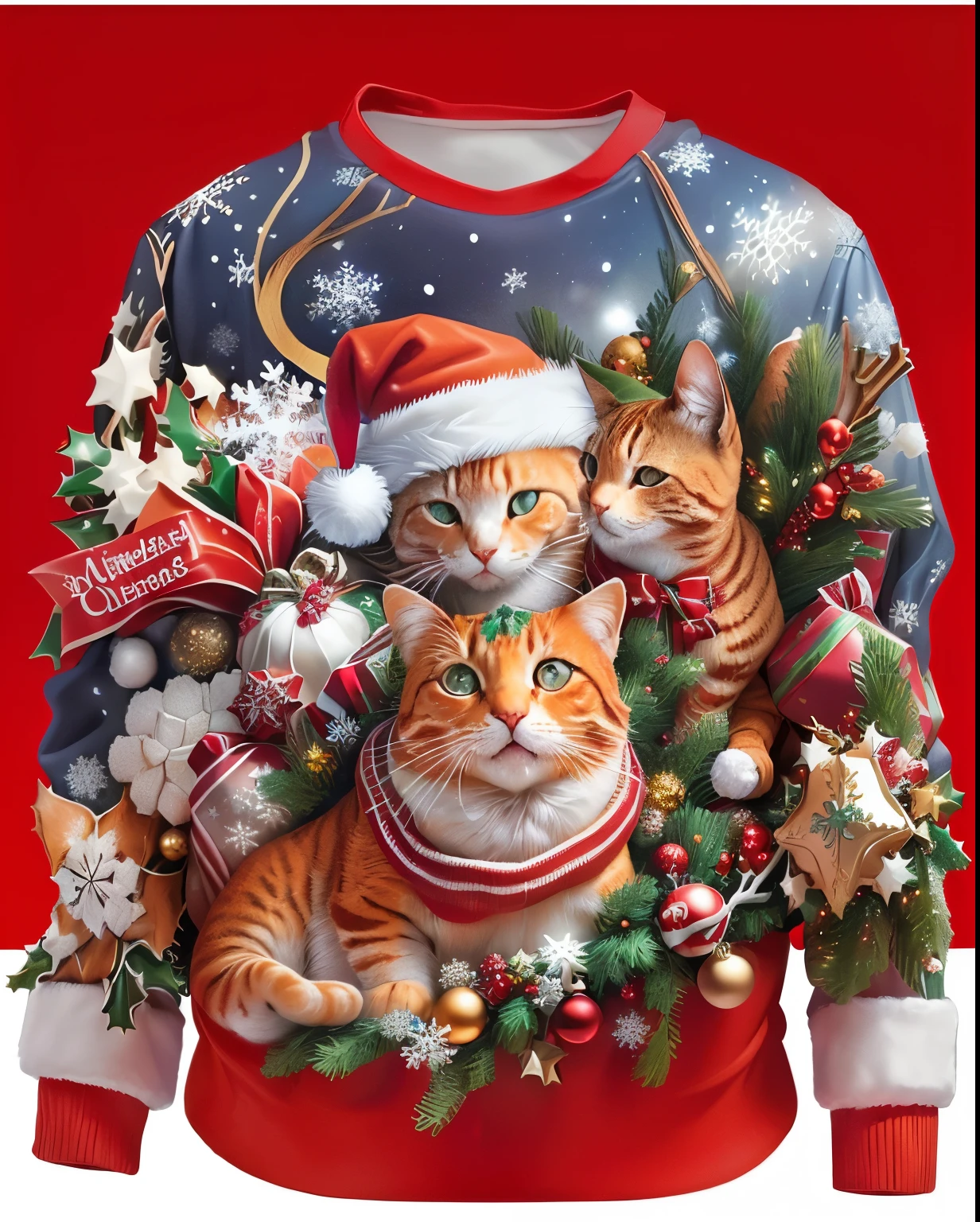 Close-up of a sweater，There is a orange cat wearing a Santa hat on it, watery eyes、Extremely realistic, Very realistic, Surrealism, very Very realistic, Surrealism, Extremely detailed, Very realistic, Extremely complex, Highly realistic, There are many small decorations, Inspired by Rudolf F.. Inger, (Extremely detailed, Very detailed and realistic, Realistic and detailed、Snowflake background、Lots and lots of Christmas gifts、HD