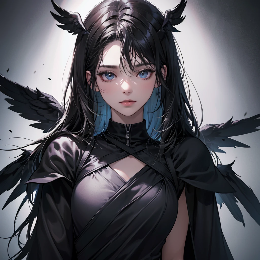 portrait of Dark angel in the dark, her wing surround her, her big black wings cover her, dark black tone, 8k, hd, unreal engine, dreamy, romantic, fantasy, black plain background