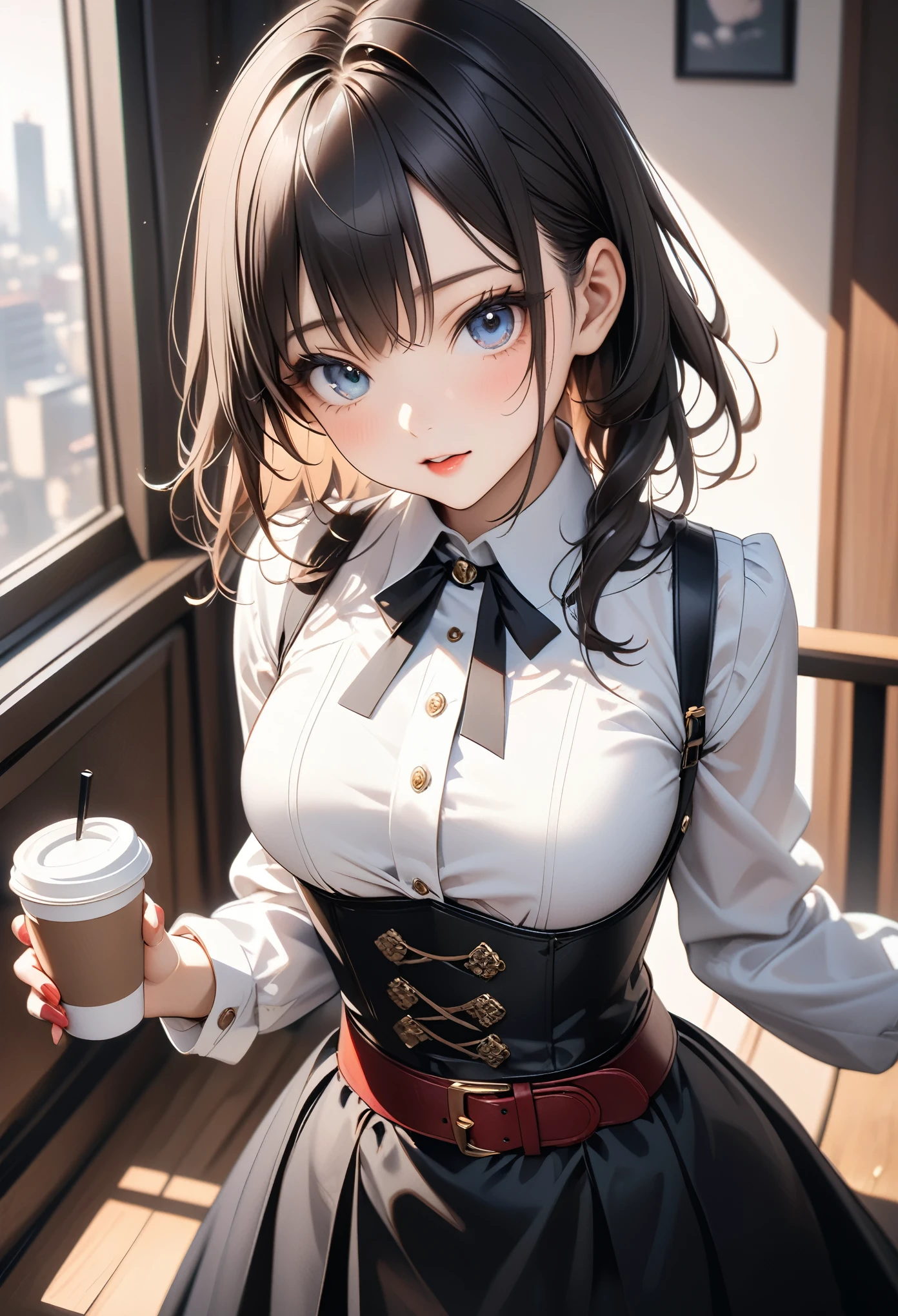 , ai-generated,(Medium chest:0.6),(From above:1.2), ((face)), (close:0.4), (( Eat cake and drink coffee)),Highest quality、(Genuine、photoGenuineistic:1.4),(Ultra-high resolution, 8K RAW Photos, Clear focus), Highest quality, Natural light, Depth of written boundary, (Bright Eyes, Beautiful eyes in every detail, 細部までこだわったface), Red lips, (Tight Focus:1.2, From below:1.2), Sexy pose, Sexy and cute,Culinary Research Institute(Beautiful and luxurious:1.2),(Double-breasted:1.0,Underbust:1.0), gap between buttons,(((Corset belt))),(((High Waist Skirt,))) Seductive Weakness々しい笑face,(輝く瞳と伝染する笑faceで),Open your mouth, View your viewers