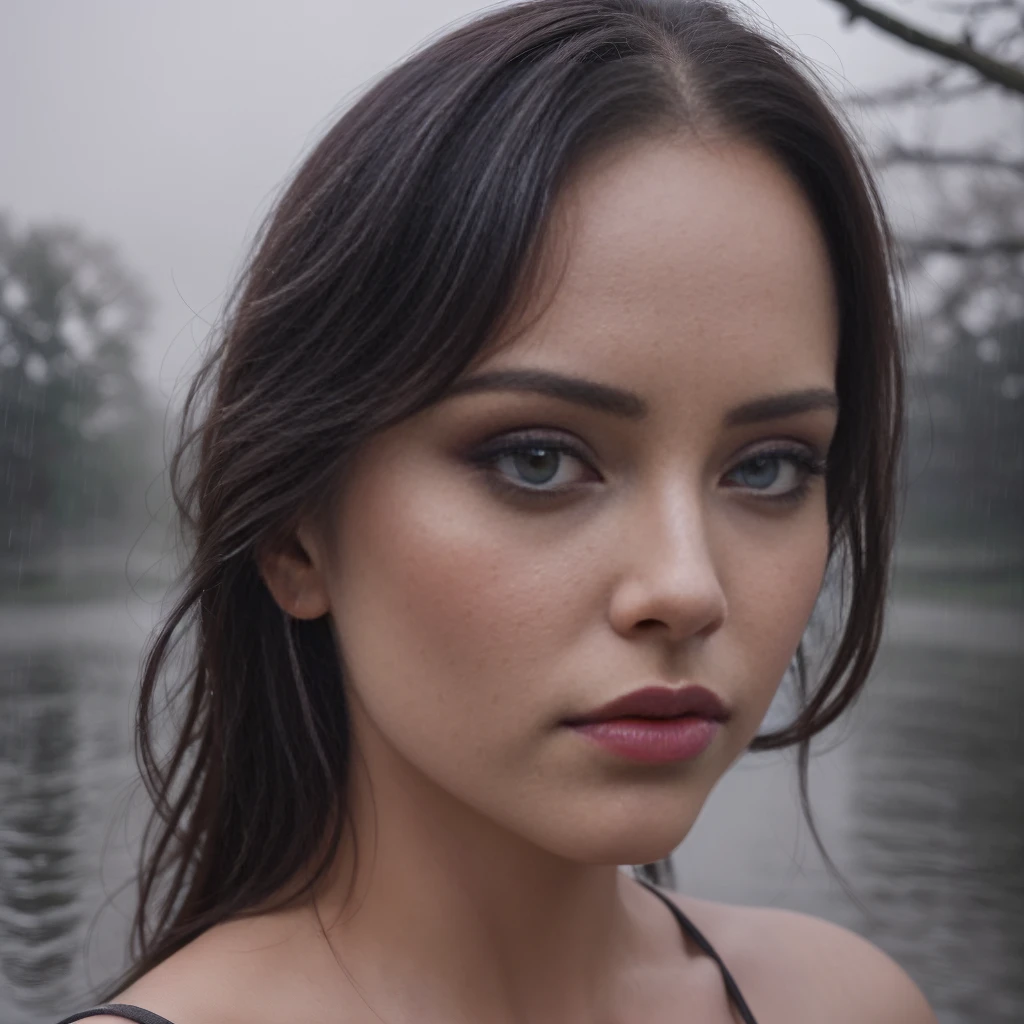 a cherry blossom flower in the rain at night, a distant view, girl looking down, interconnected, (best quality,4k,8k,highres,masterpiece:1.2),ultra-detailed,(realistic,photorealistic,photo-realistic:1.37),HDR,UHD,studio lighting,ultra-fine painting,sharp focus,physically-based rendering,extreme detail description,professional,vivid colors,bokeh,beautiful detailed eyes,beautiful detailed lips,extremely detailed eyes and face,longeyelashes,1girl,cinematic,dramatic lighting,moody colors,rainy weather,night scene,nature,landscape,introspective