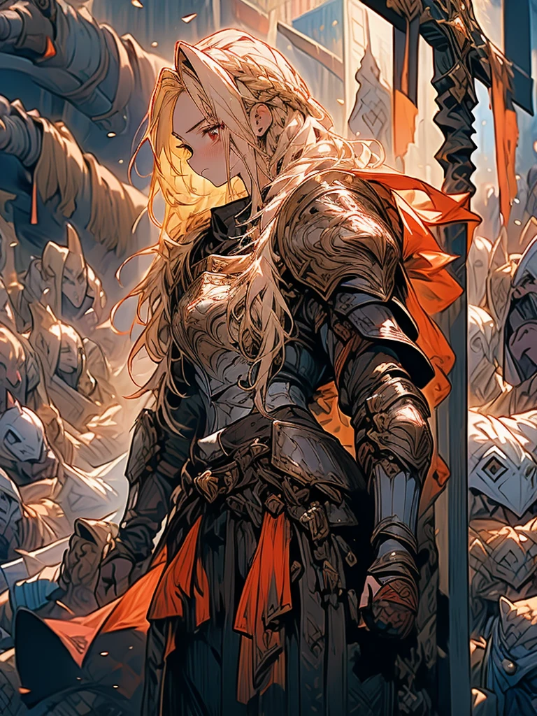 (a teenager male knight in cracked Gold armor), handsome, (( a Spear stained with dark gold element)), a giant gate of castle behind him, light from the sky, lots of swords point at the knight, red eyes, white hair, rose gold hair, gradient hair, chiaroscuro, cinematic lighting, god rays, ray tracing, reflection light, ((full-body)), masterpiece, best quality, high quality, high details, highest, accurate, anatomically correct, textured skin, UHD, 1080P, ((anime))
