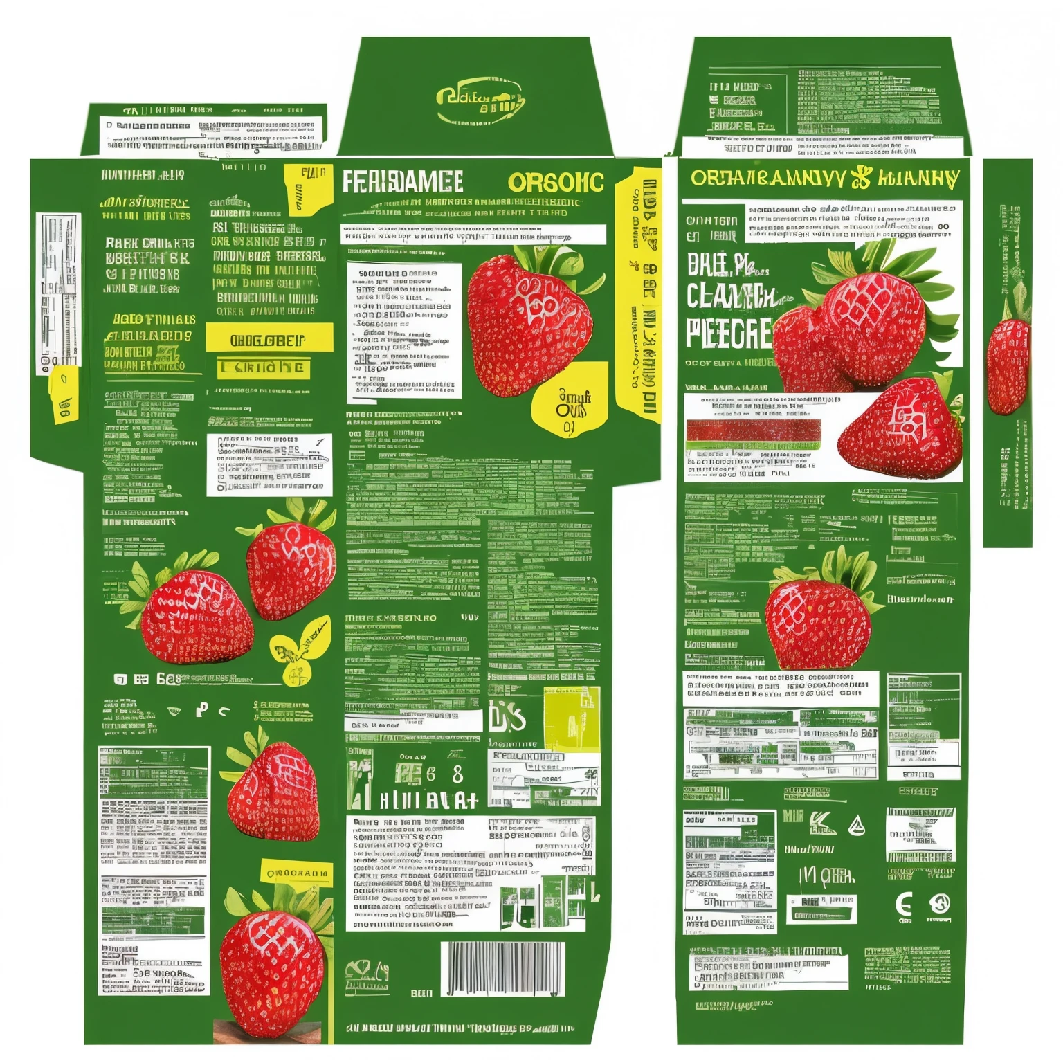 2d packaging design of (a strawberry:1.2), organic juice package, English Logo, clean text, 