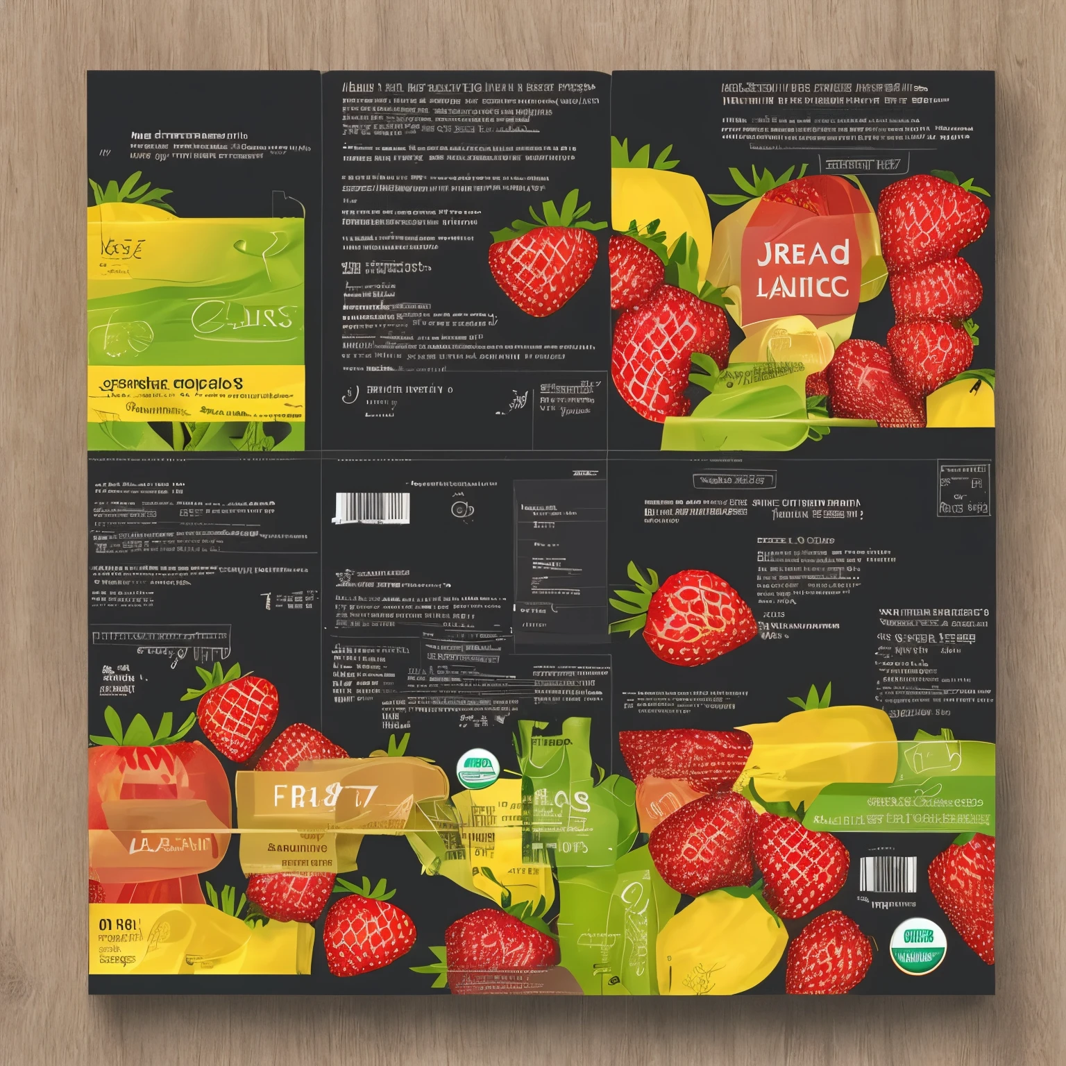 2d packaging design of (a strawberry:1.2), organic juice package, English Logo, clean text, 