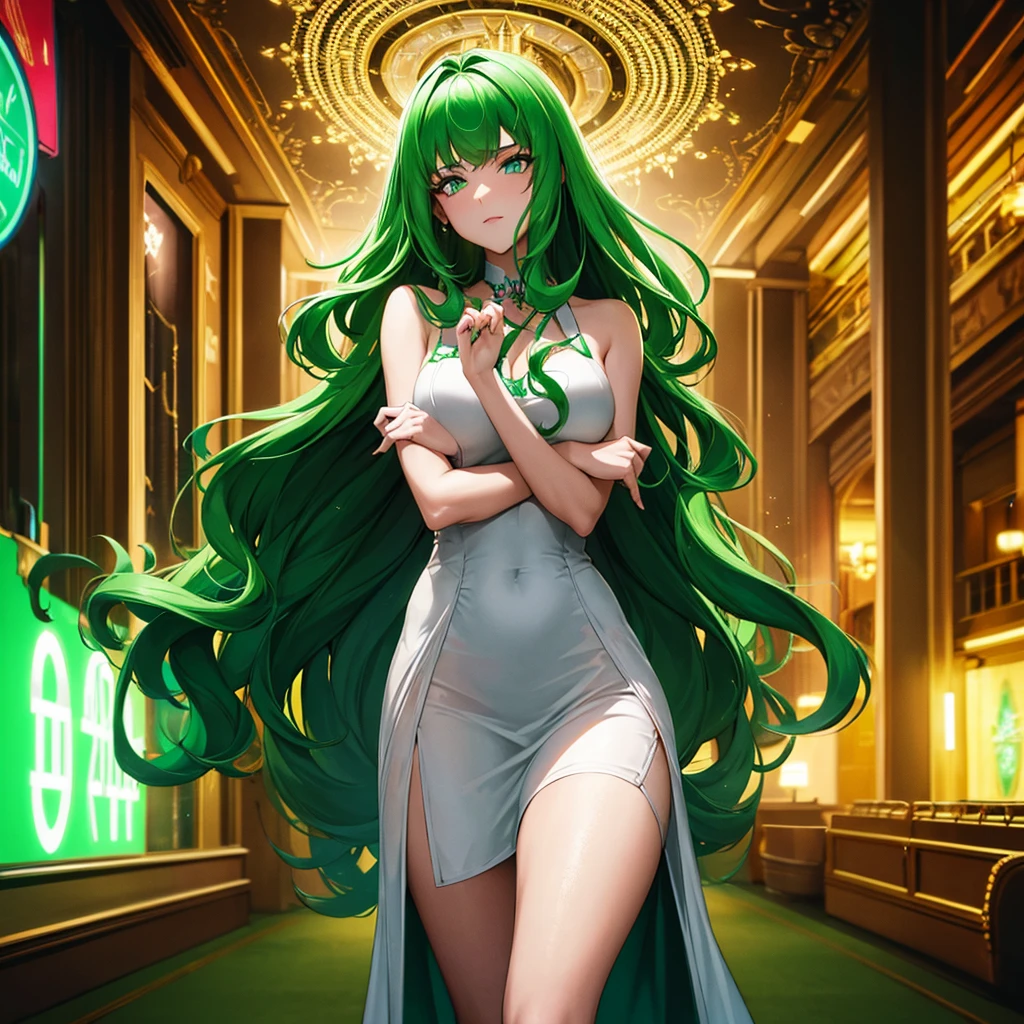 a beautiful young european woman with long dark curly hair standing in a casino, wearing a dress, in a green cyberpunk-inspired lighting, neon signs, green eyes