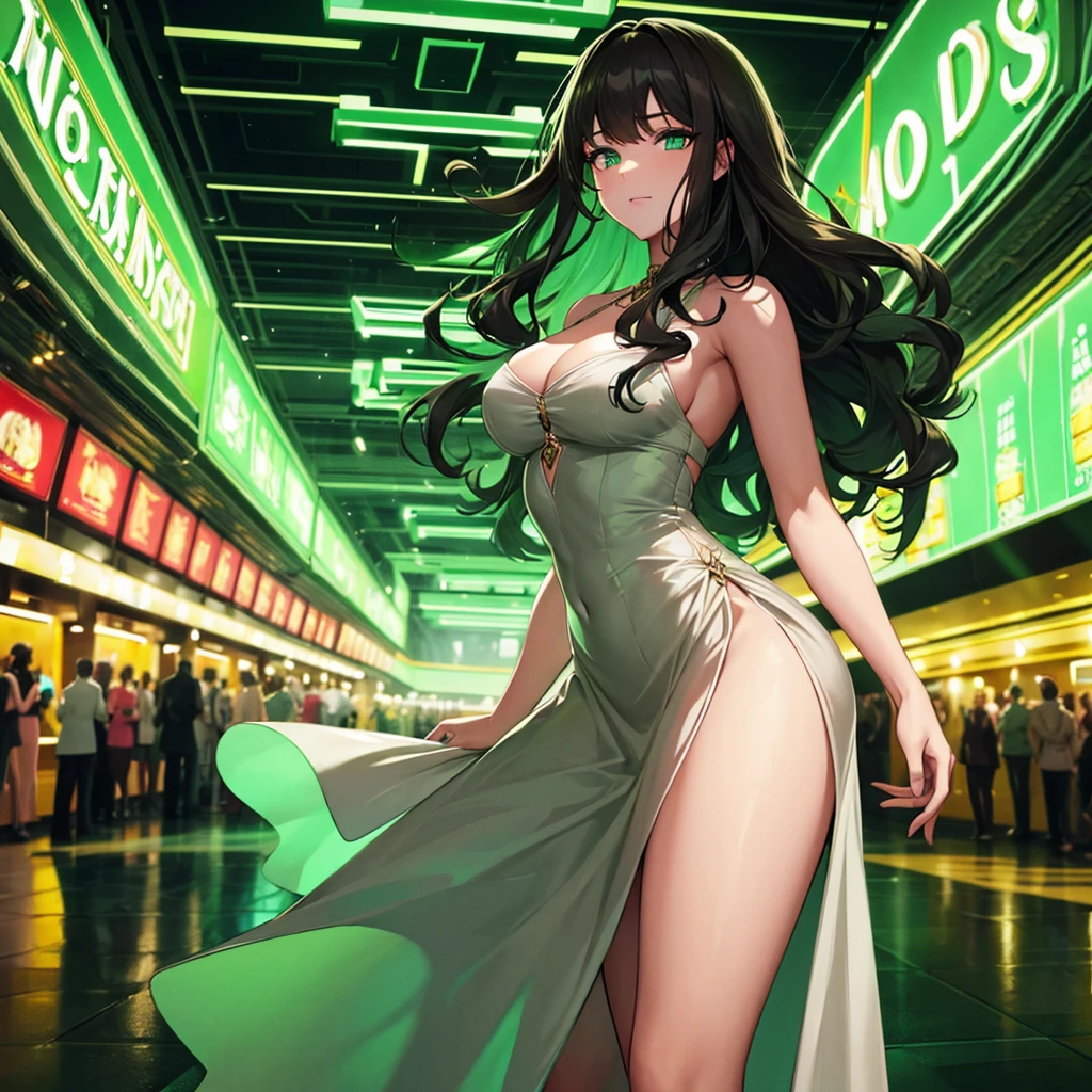 a beautiful young european woman with long dark curly hair standing in a casino, wearing a dress, in a green cyberpunk-inspired lighting, neon signs, green eyes