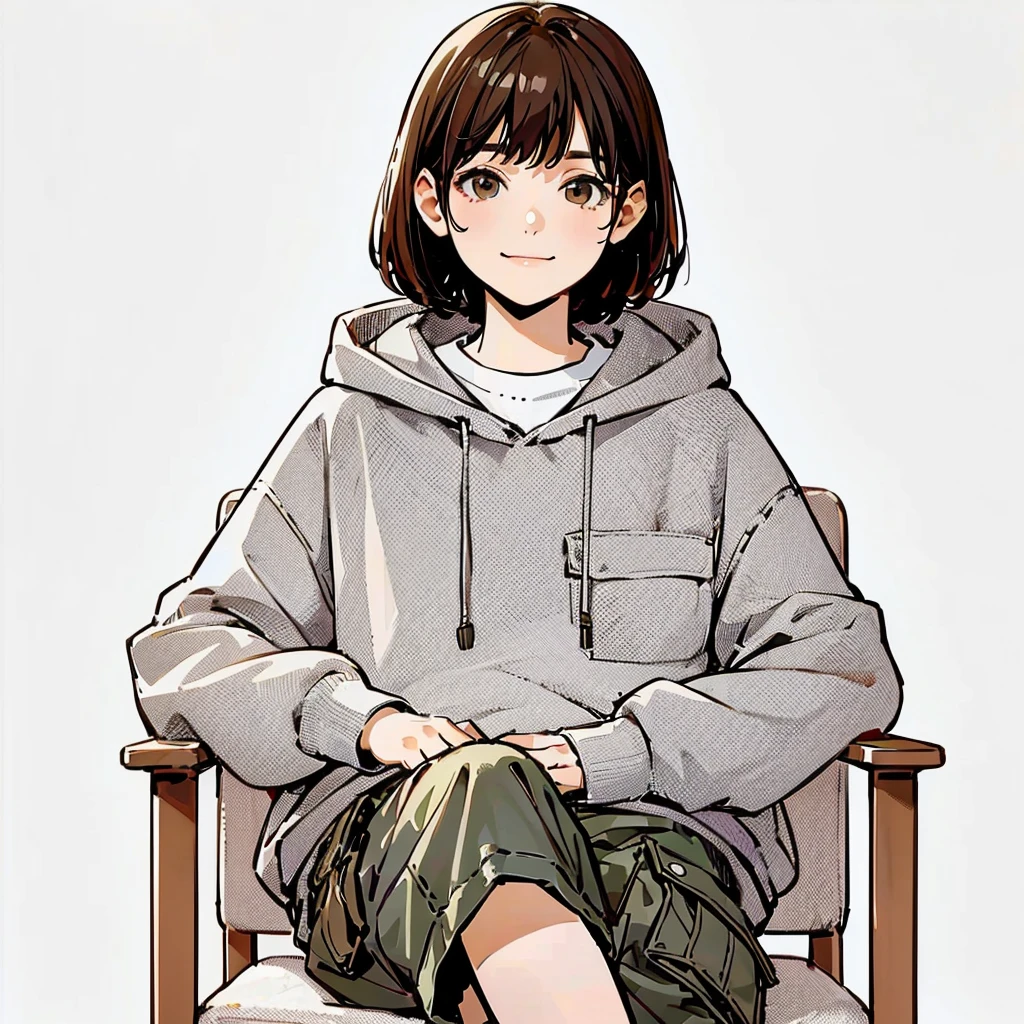 A full-body illustration of a age girl with short brown hair and a calm expression. She is wearing a light gray hoodie with front pockets and drawstrings, and dark cargo shorts. The background is all white. She is sitting comfortably in a chair and smiling.