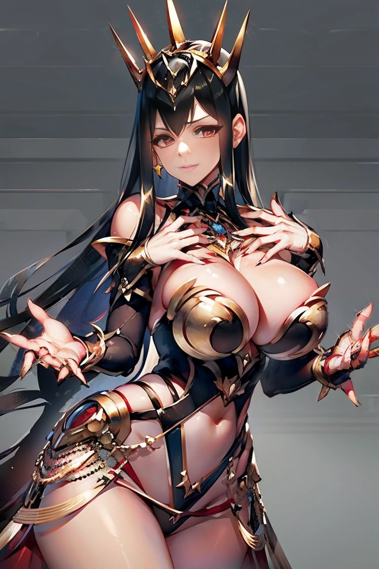 black hair, bare shoulder, red eyes, very long hair, cleavage, large breasts, dress, showgirl skirt, high-leg, cleavage cutout, tiara, bare thighs, gauntlets, bare shoulder, (((Correctly aligned fingers, extremely detailed hands and fingers, ultra detailed hands and fingers, super detailed hands and fingers, perfect female hands and fingers, biologically accurate hands and fingers, 5 fingers accurate hands and fingers, beautiful hands and fingers, hands and fingers drawing, human hand and fingers, perfect arrangement of fingers))), adult face, fearless face, both arms, two arms, both hands, two hands, super fine illustration, masterpiece, masterwork, by famous artist, official art, ultra high res, best quality, high quality, Hand, detailed, perfect, perfection , hands, betterhand, both hands is Thumb and index finger and middle finger and ring finger and little finger, symmetrical hands, even hands, bare nails, bare fingers, panties, fingers down, 