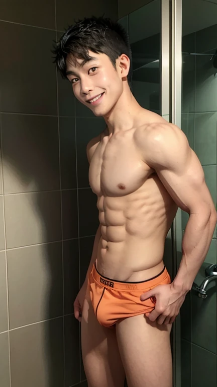 Japanese men、、Underdeveloped muscles and smooth skin、Black and peach-colored hair、Relaxed and friendly smile、Light green boxer briefs、The whole body is visible from toes to head、Posing in the bathroom、