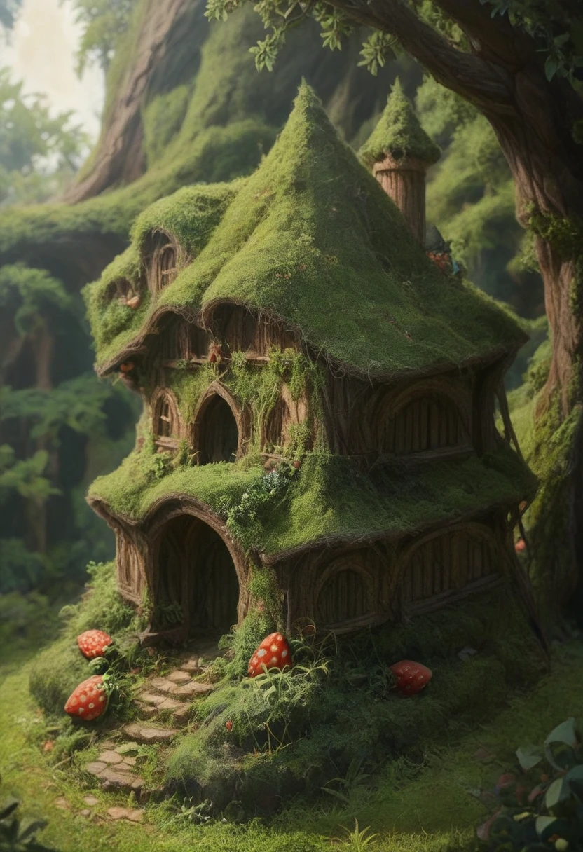 a castle carved from strawberry, detailed texture of ripe strawberries, gothic architecture, lush green foliage, glowing sunset lighting, whimsical fantasy, highly detailed, cinematic composition, vibrant colors, 8k, photorealistic
