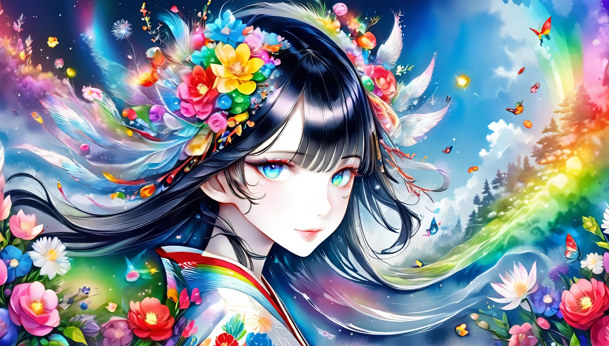 A fusion of watercolor and oil painting, Psychedelic world, Commemorative photo, Japanese Kimono,beautiful girl、Lolita、-yeld gi 1 cute girl、(Look forward), (Looking at this), (Very delicate and beautiful face)、(Beautiful eyes in every detail)、((((Heterochromia Iridum - Red and Blue Eye Color))))、Through the bangs,Black Hair,Long Hair ,Beautiful attention to detail, Beautiful lip detail, Highly detailed face, Attractive eyes, Long eyelashes, smile, shy, One Girl, Digital Art, pastel colour, ((Use the rainbow as your main color)),Vibrant colors,fantasy art pieces,dream-like,Mythical fantasy with rainbow accents,Fairytale Fantasy, (((Translucent rainbow))),Subtle iridescent details,Gives off an aura of magic,Exquisite detail,Character clothing should be designed in kimono, Heavenly, Soft lighting, Cinematic, romantic, baby dollming above the chest、Colorful gel background、Fractal Floral Background、Sparkling、Perfect lighting、Sharp focus、High resolution、High resolution、High color rendering、High resolution