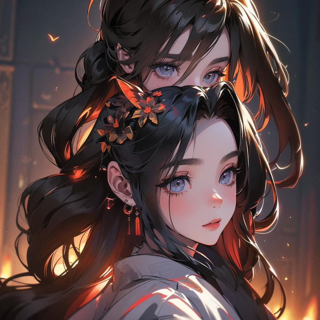 portrait of 1 Dark angel in the dark, her wing surround her, her black wings cover her, totally darkness, dark black tone, 8k, hd, unreal engine, dreamy, romantic, fantasy, black plain background, kimono