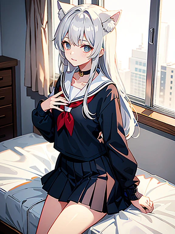 Sailor suit Cat ear Silver Hair Inside the school Big chest