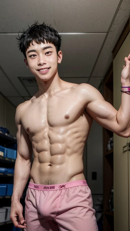 Japanese men、、The whole body is visible、Lightweight grey boxer briefs、Undercut black hair with pink crown、Posing in the locker room、Relaxed smile、Underdeveloped muscles and smooth skin