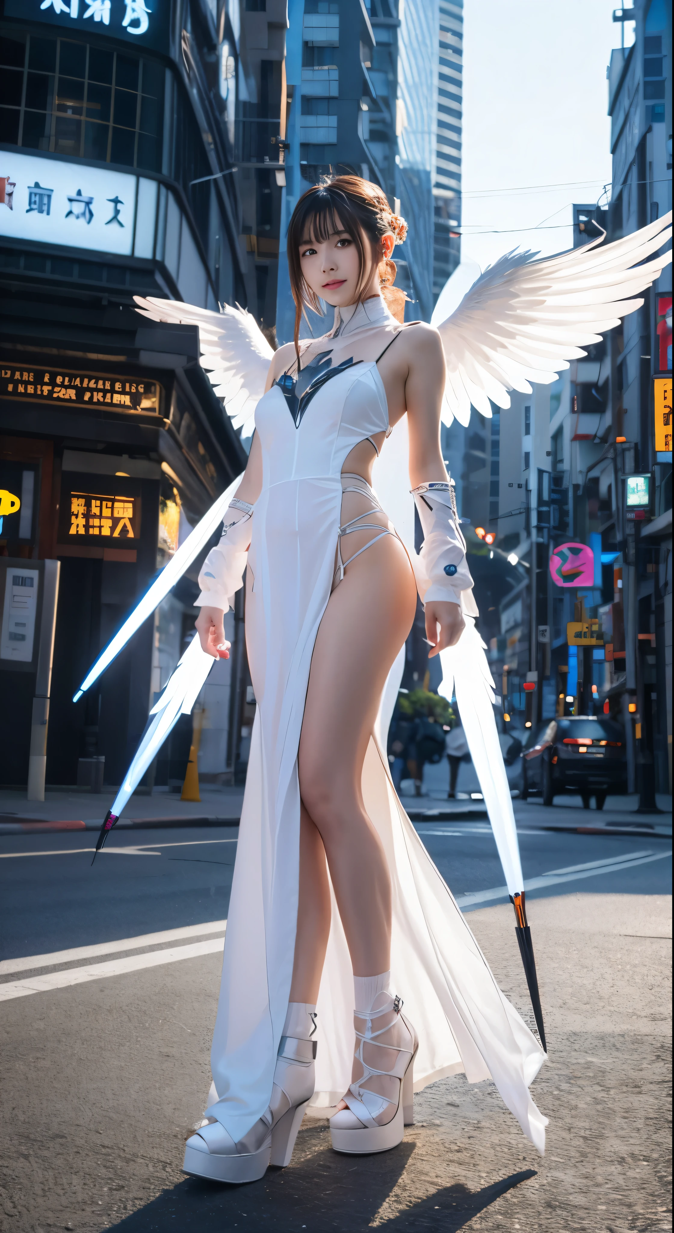 masterpiece、(Highest quality)、high detail、Super detailed、1 Girl、Facial details　(mechanical wing:黄Money、Glowing Eyes:green、White Armor:1.2、Long, thin ears:0.8)、(Cyberpunk City:1.5、arms:Energy Blade)、(Fantasy Landscape:1.2、Natural light:1.5、Show confidence)、(panorama:1.2)、Mecha、smile、angle、angel、wing、Money、born、Full body high quality images