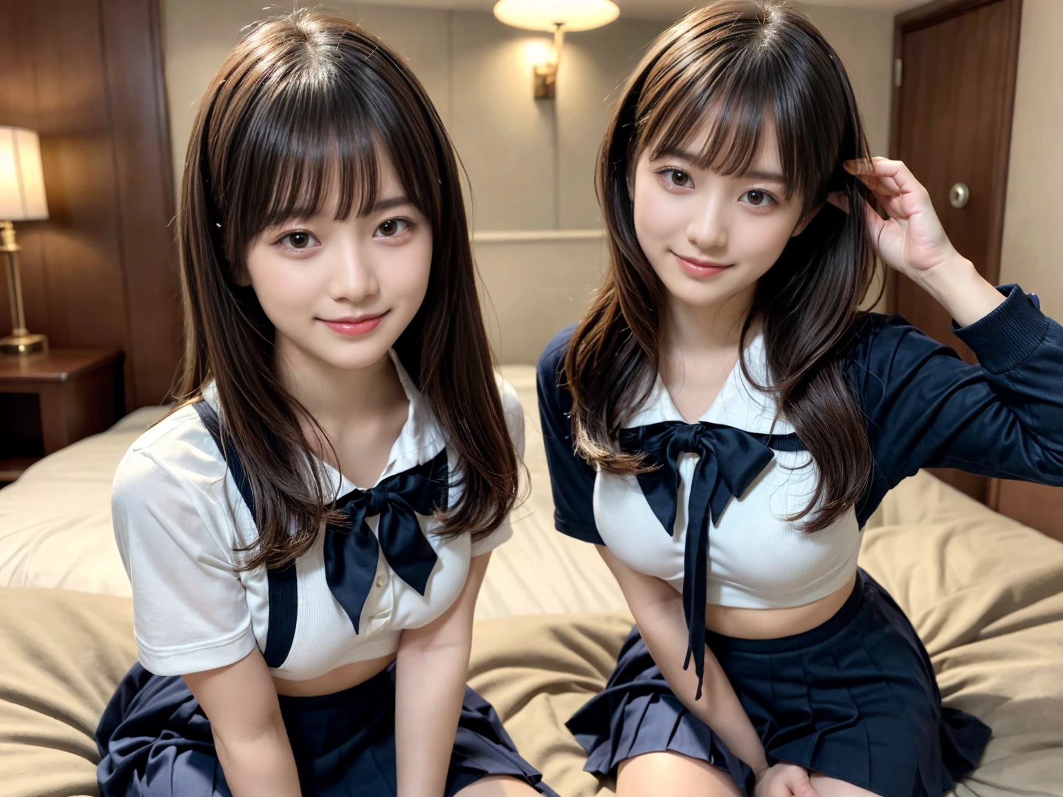 masterpiece, Highest quality, figure, Very detailed, The finer details, High resolution, 8k,wallpaper, Perfect dynamic composition,(Detailed high quality, Realistic depiction of eyes:1.3), (Three Girls), Black Sailor Suit, Seraphim, Navy Pleated Skirt, Sitting, Leg spread, Short Bob Hair, In the background a hotel room, Deep in the field, Large Breasts, Black hair color, Big Natural Color Lip, (Perfect figure), smile、Harajuku Style、Elementary school girl in Japan:1.3), Adorable expression、Expressions of happiness、、height: 145cm、Baby Face、Amazingly cute、Cute type、Beautiful feet, Idol Sculpture、Big Breasts、Erect nipples
