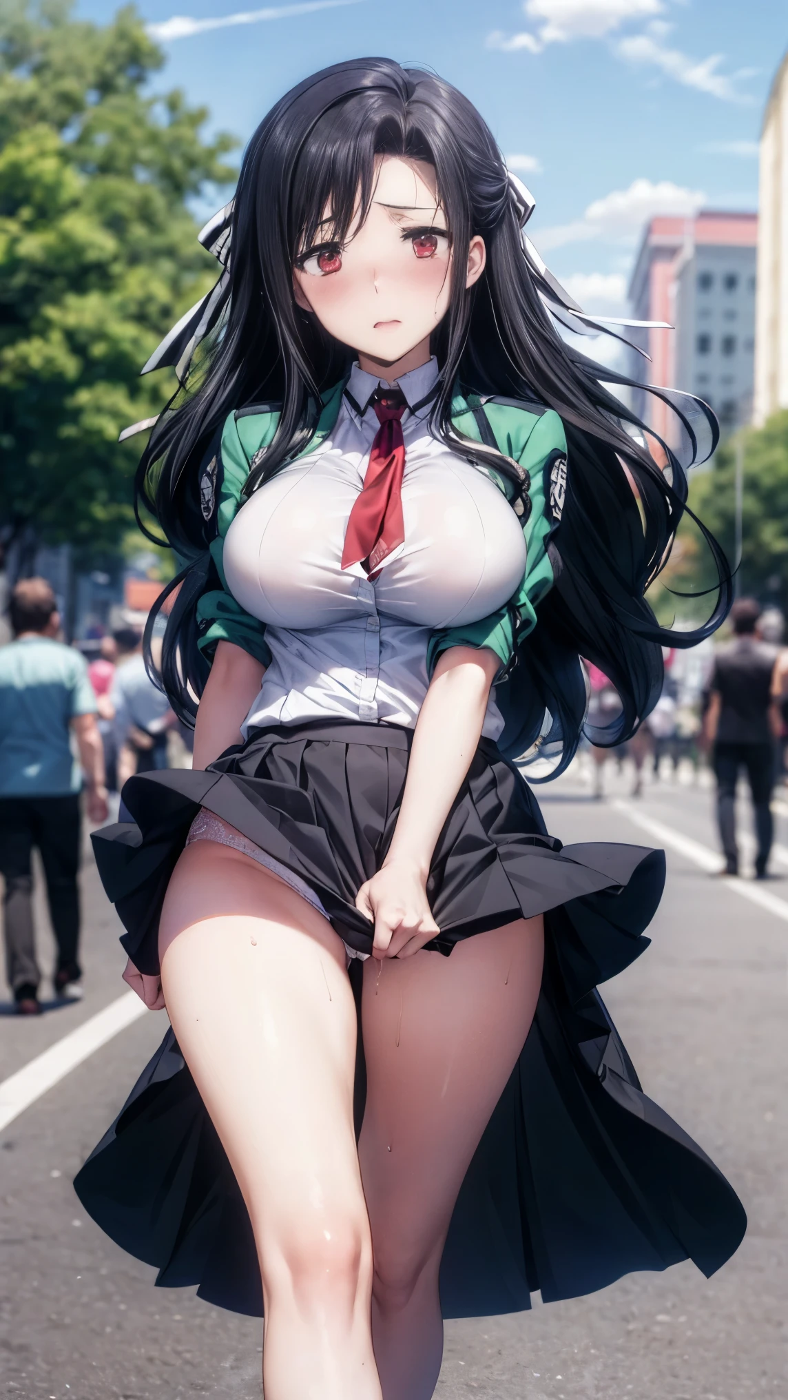 best quality,1girl,((big breasts:1.3)),orgasm,blush,sweat,steam,Mayumi Saegusa, empty eyes, red eyes, black hair, long hair,(school uniform),lift skirt,upskirt,white panties,lace panties,crowd,park,walking,clothes tug,skirt tug,wind,wind lift