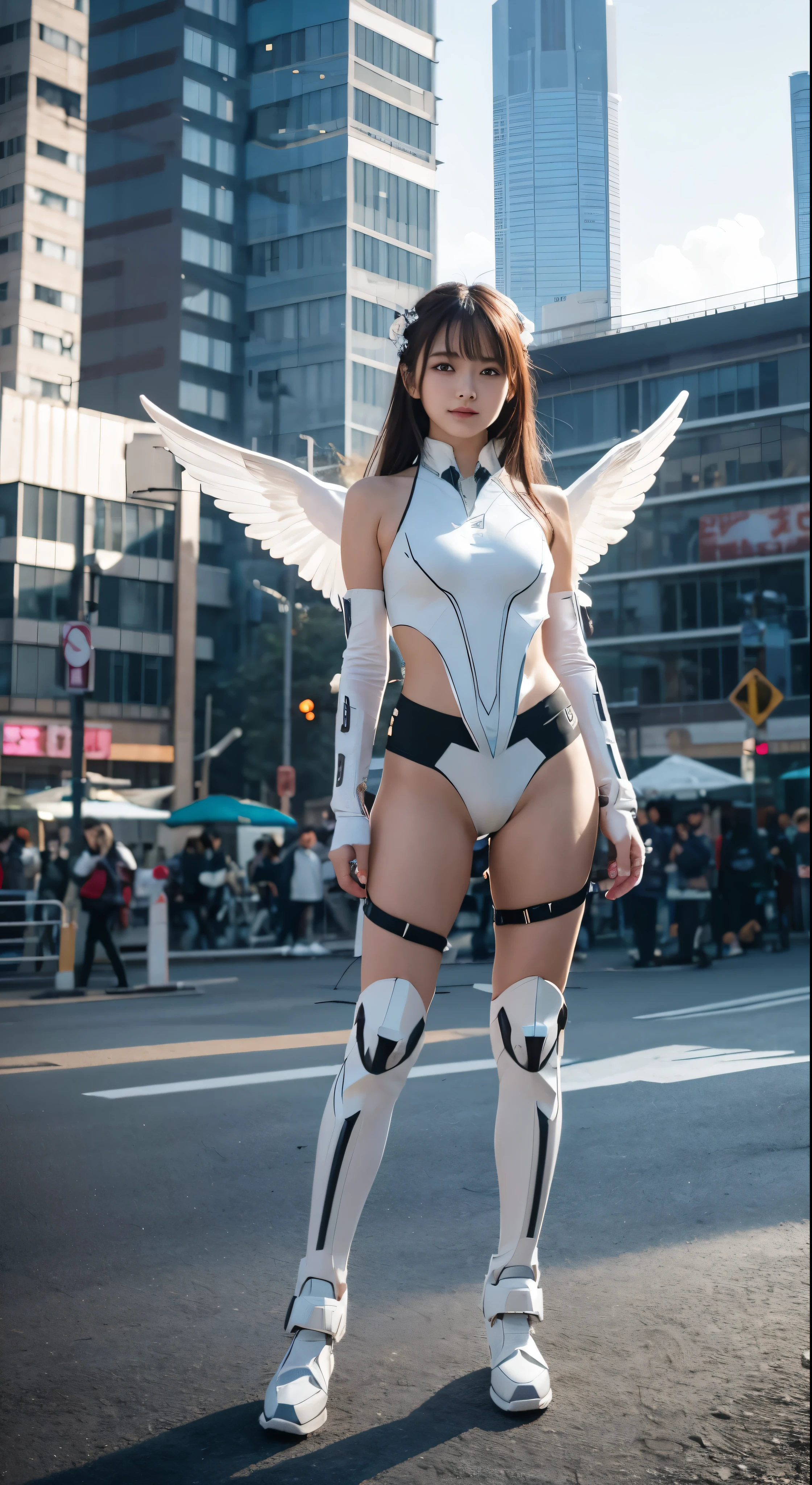 masterpiece、(Highest quality)、high detail、Super detailed、1 Girl、Facial details　(mechanical wing:黄Money、Glowing Eyes:green、White Armor:1.2、Long, thin ears:0.8)、(Cyberpunk City:1.5、arms:Energy Blade)、(Fantasy Landscape:1.2、Natural light:1.5、Show confidence)、(panorama:1.2)、Mecha、smile、angle、angel、wing、Money、born、Full body high quality images