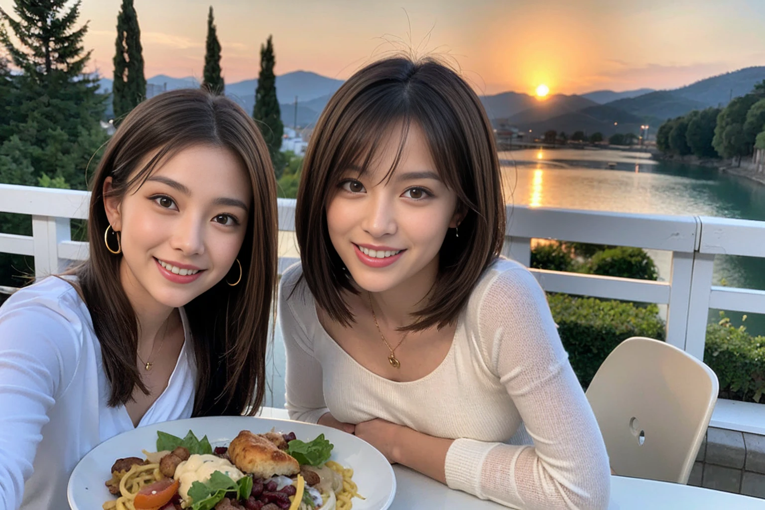 （Realistic:1.1）,(masterpiece,Highest quality)，8k,(56 years old), 53 years old, ベリーslimボディ、slimカップル、Tight waist,Upper Body,full-course dinner、wine 、Amazing view of the sunset sky and clouds、Perfect Anatomy, Brown Hair, short hair,Random Hairstyles,((Highly detailed face and eyes:1.2))，Perfect golden ratio face，Long sleeve shirt、dress,(smile:1.2)、Shortcuts、cute、(Realistic, Intricate details:1.2), A bright smile、short hair,Bright Face、赤wine 、Appetizers、Italian food、wine bottle、Champagne、スパークリングwine、(slimな顔), (The body is slim), (Brown Hair), (Shortcuts),  Upper Body, 白wine, slim, wineグラス, 