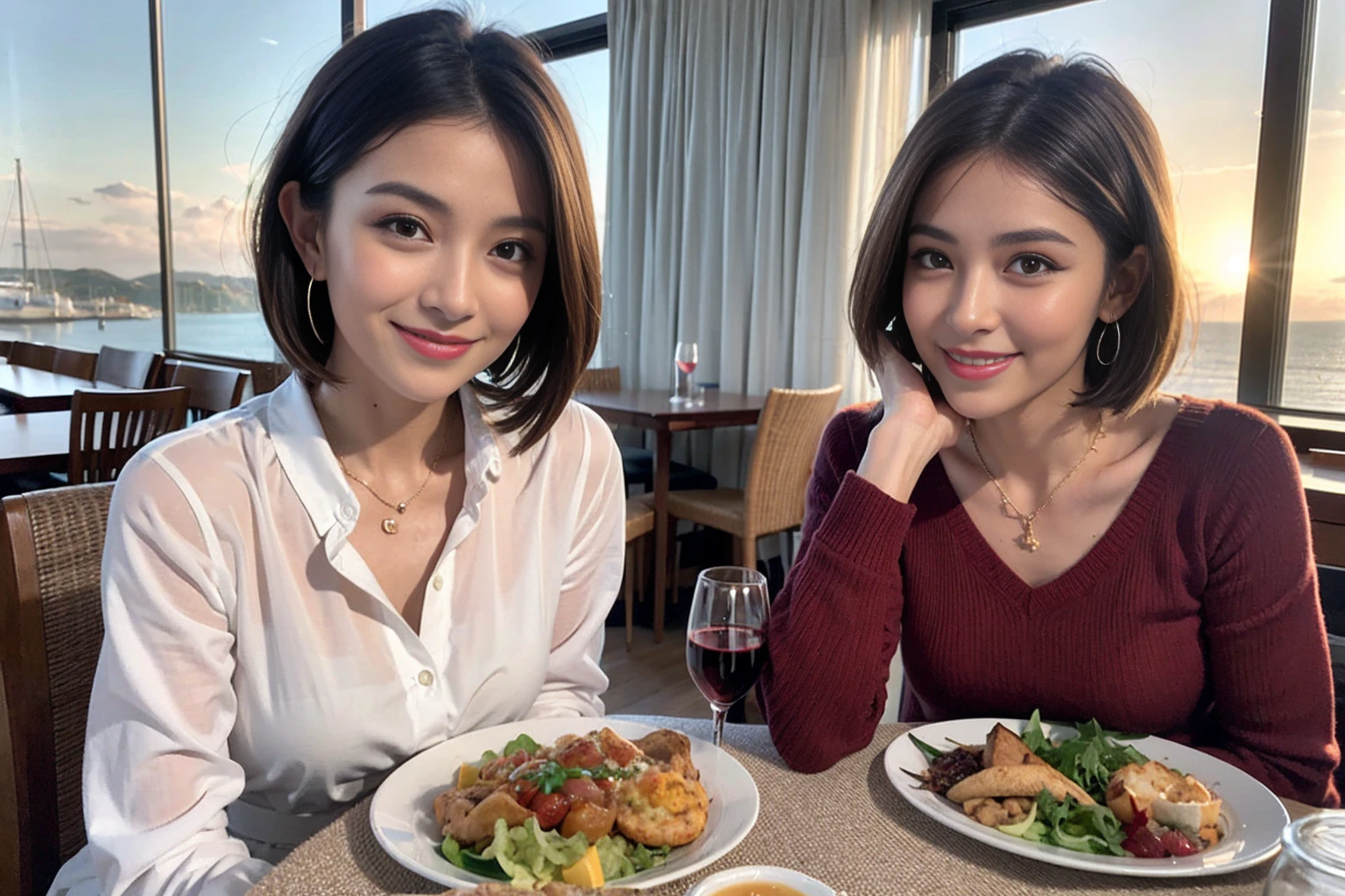 (Realistic:1.1),(masterpiece,Highest quality),8k,(56 years old), 53 years old, ベリーslimボディ、slimカップル、Tight waist,Upper Body,full-course dinner、wine 、Amazing view of the sunset sky and clouds、Perfect Anatomy, Brown Hair, short hair,Random Hairstyles,((Highly detailed face and eyes:1.2)),Perfect golden ratio face,Long sleeve shirt、dress,(smile:1.2)、Shortcuts、cute、(Realistic, Intricate details:1.2), A bright smile、short hair,Bright Face、赤wine 、Appetizers、Italian food、wine bottle、Champagne、スパークリングwine、(slimな顔), (The body is slim), (Brown Hair), (Shortcuts), Upper Body, 白wine, slim, wineグラス,
