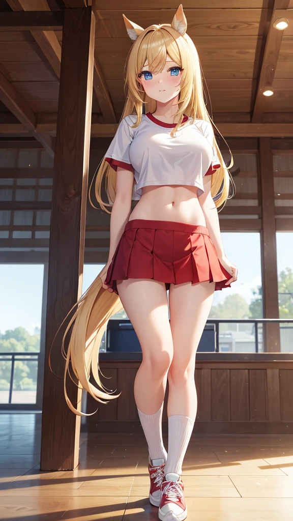 ((masterpiece)), best quality, ((high resolution)), 4k, detailed beautiful face and eyes, horse girl, ((blonde hair)), ((hair intakes)), ((ducktail)), side bangs, ((horse ear)), ((horse tail)), blue eyes, medium skin, wiry, large breasts, school gym ((red buruma)), red buruma, calf white socks, sneakers, Sports ground, Racecourse, standing girl, anime type