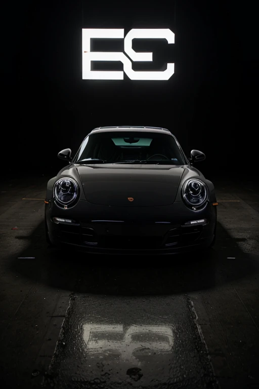 Image of a Porsche with black background with a letter as a logo in the background